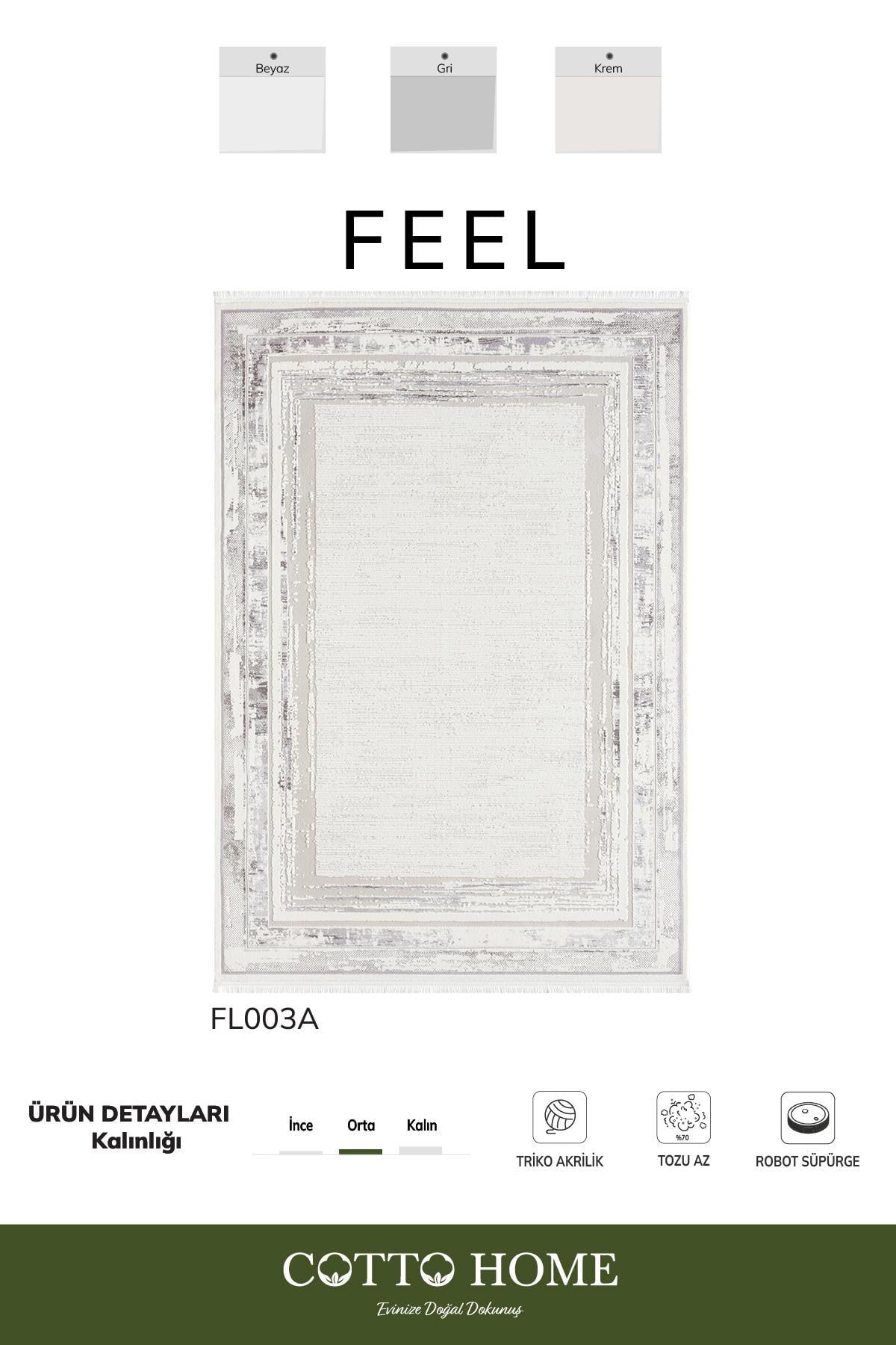 Feel FL003A Beyaz Halı Modern Çerçeve Desenli Akrilik Pamuk Taban