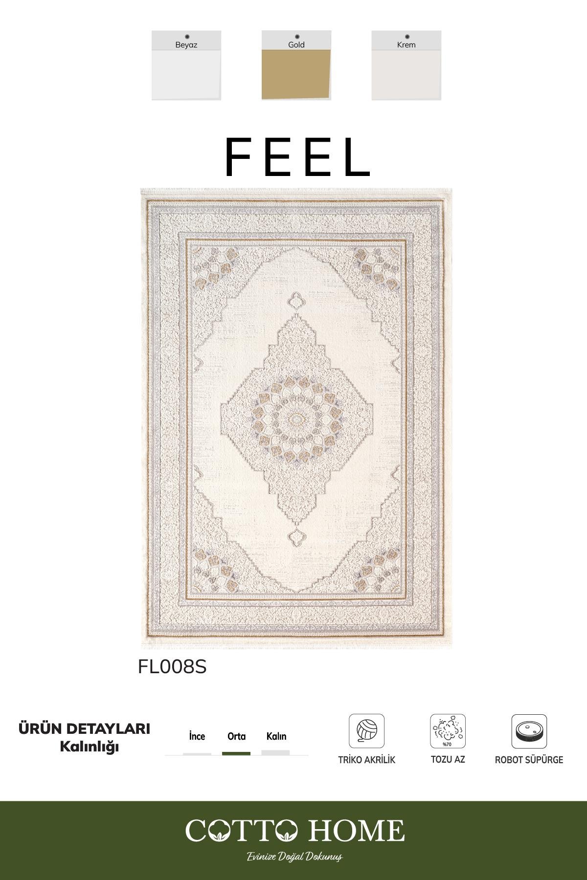 Feel FL008S Krem Halı Klasik Desen Gold Çerçeveli Pamuk Taban
