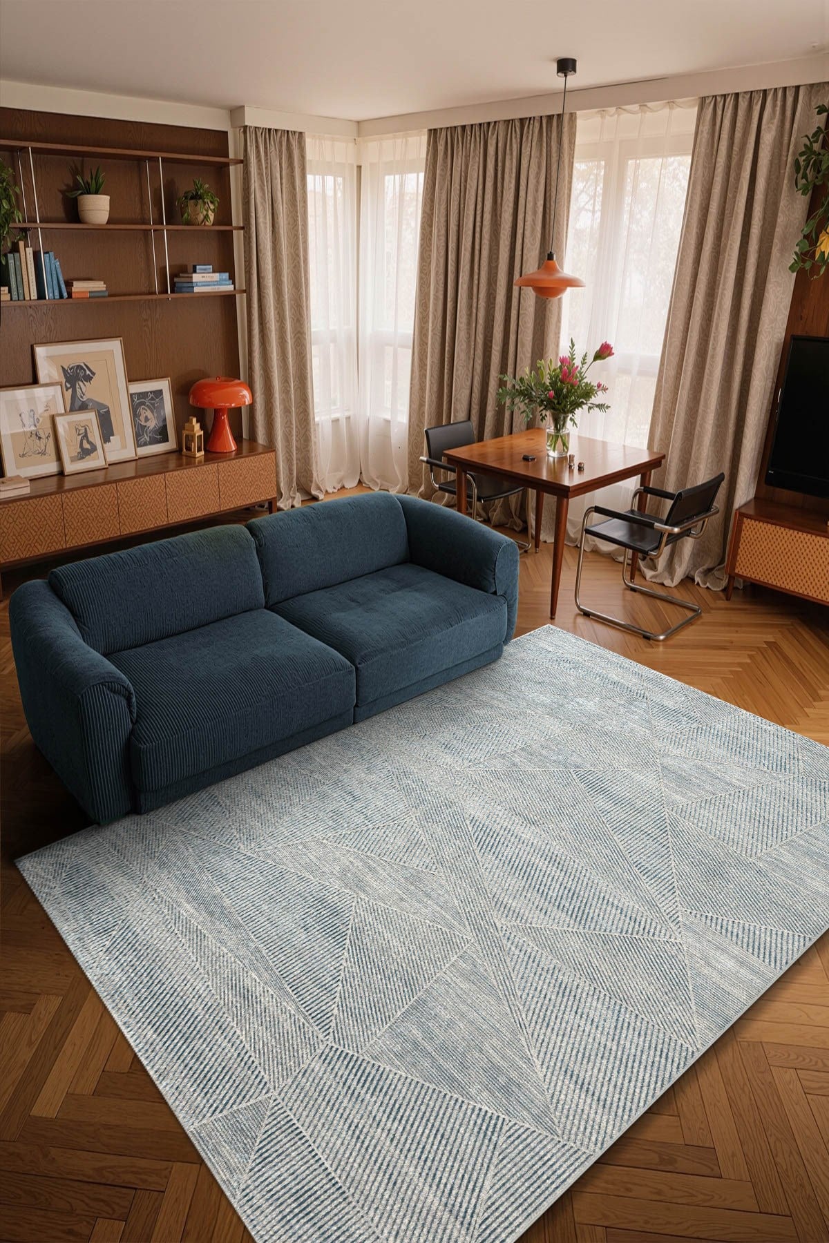 İpeksi IP012M Mavi Halı Modern Çizgili Desen Pamuk Taban Dayanaklı Salon Mutfak Halısı