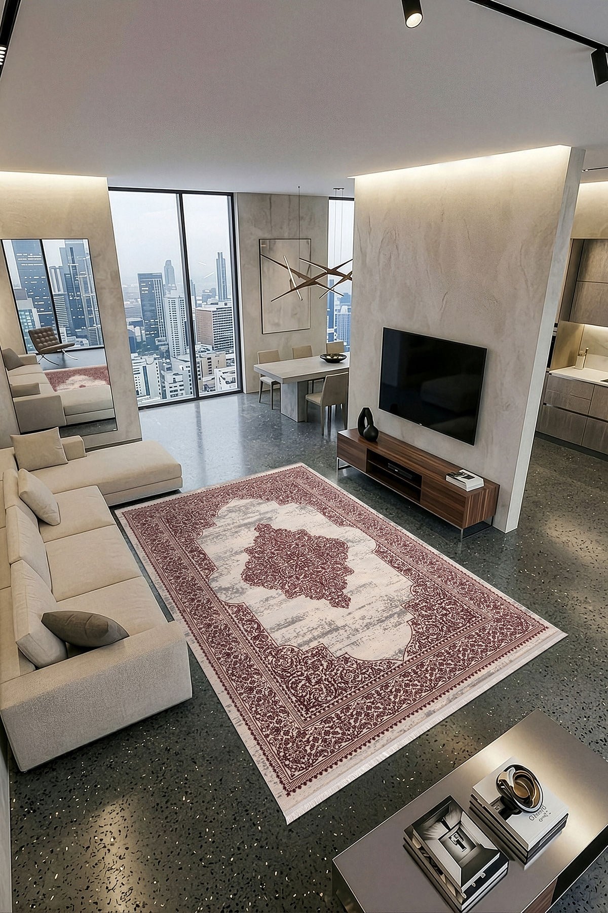 İpeksi IP023L Gri Bordo Klasik Göbekli  Modern Desen Pamuk Taban  Salon Mutfak Halısı Tozu Yok