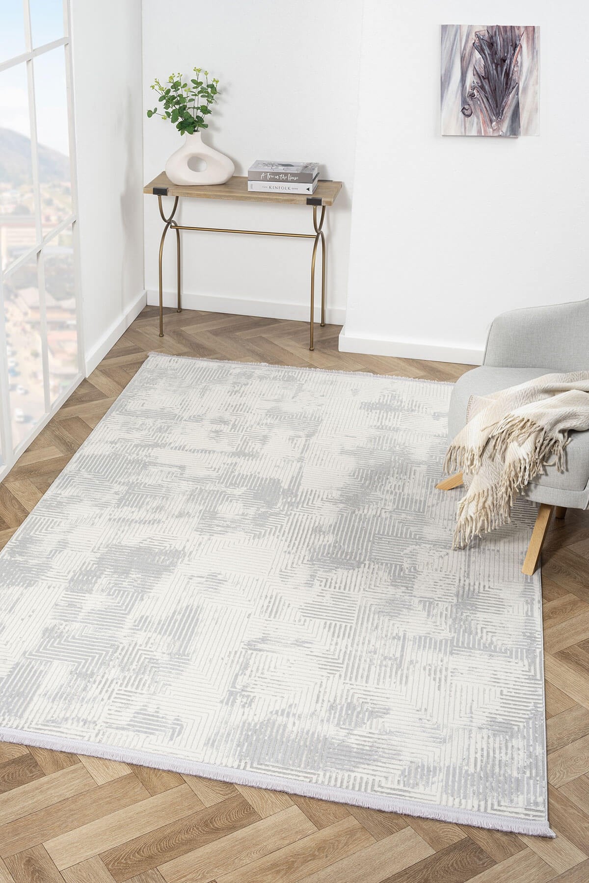 Loya LY002G Gri Halı Modern Desen Tozu Yok Pamuk Taban Salon Halısı Yatak Odası Koridor