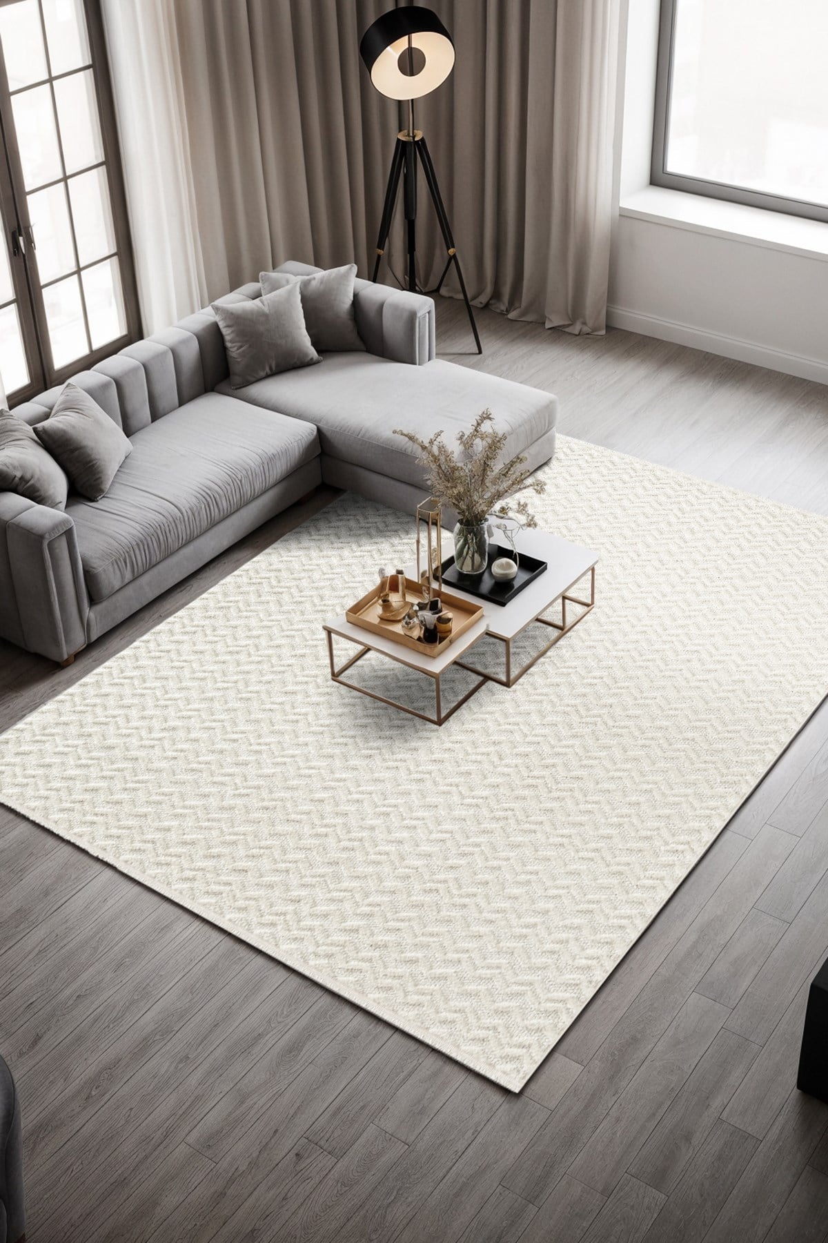Lumos CT018A Beyaz Halı Sisal Bukle Dekoratif Kabartmalı Halı Tozsuz Salon Mutfak Halısı Koridor