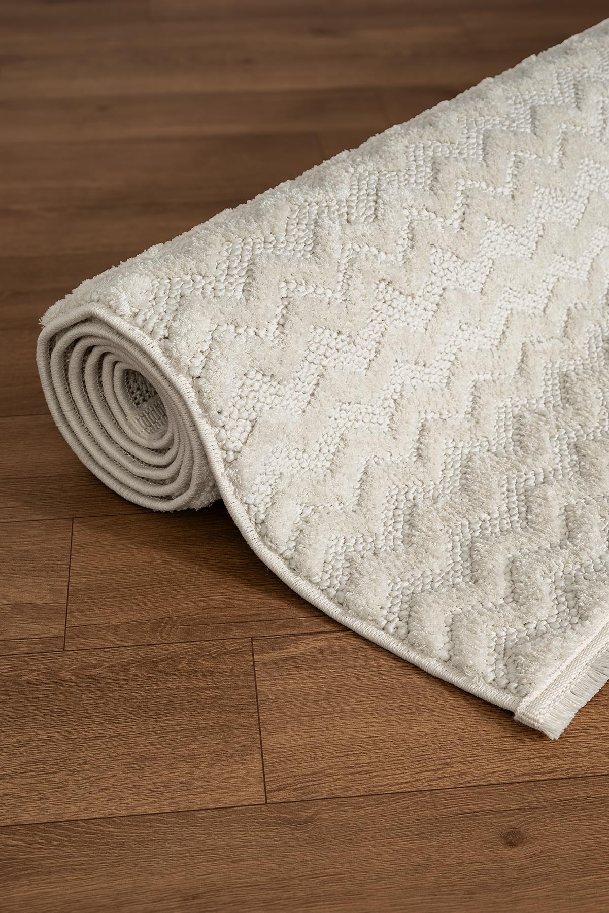 Lumos CT018A Beyaz Halı Sisal Bukle Dekoratif Kabartmalı Halı Tozsuz Salon Mutfak Halısı Koridor