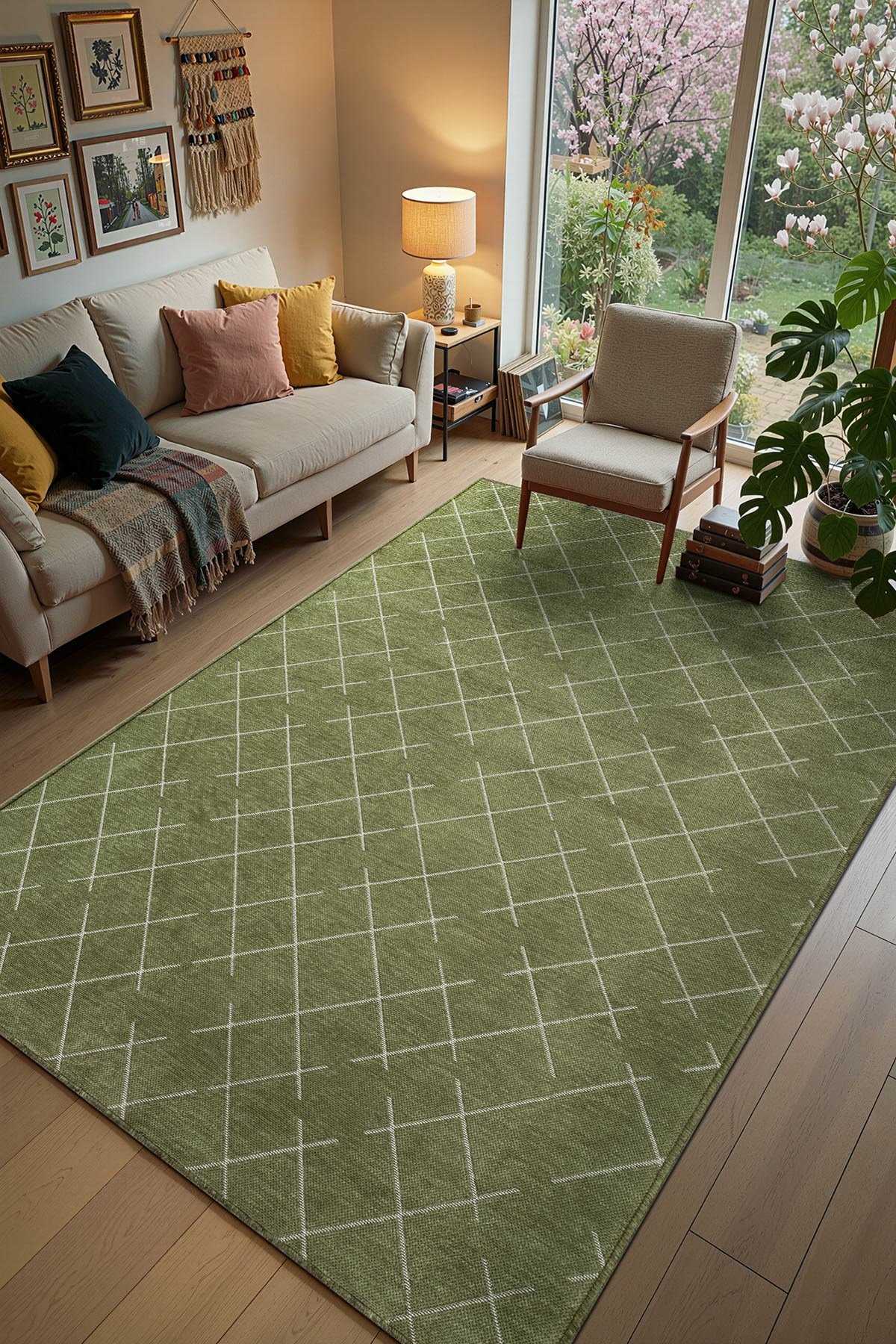 Malta MLT01Y Yeşil Dekoratif Şönil Kilim Geometrik Desen Yıkanabilir Yumuşak Kaymaz Taban Halı