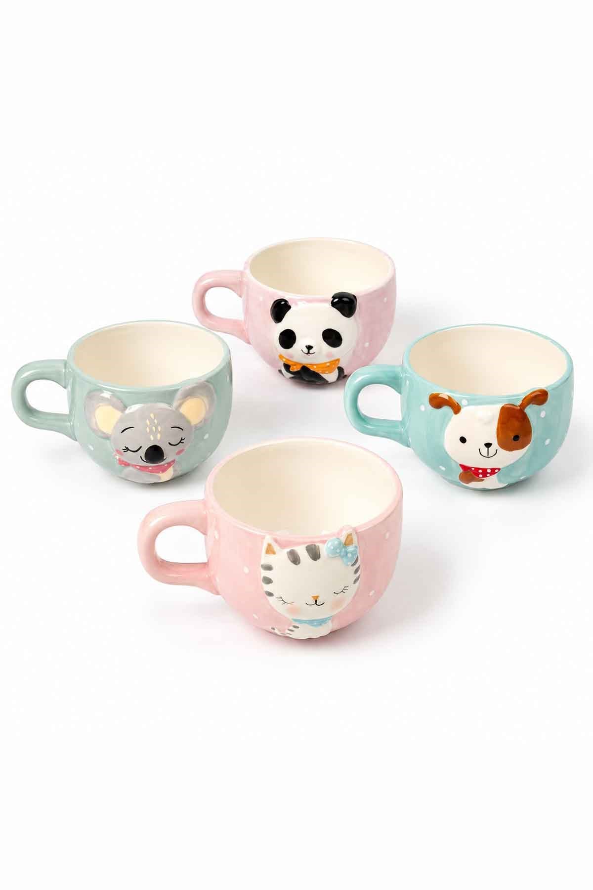 MiniZoo 3D Hayvan Figürlü Kedi Köpek Panda Fil 4 Adet Porselen Kupa Seti
