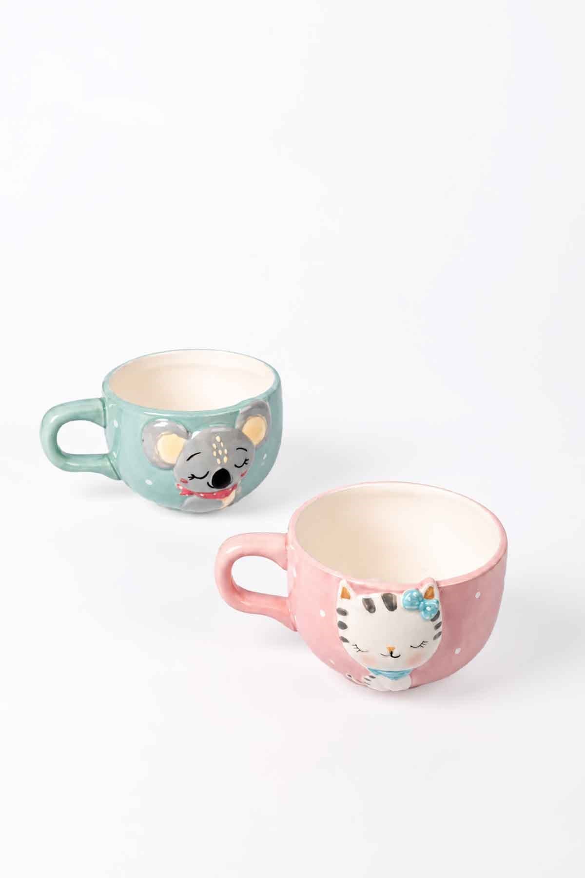 MiniZoo Sevimli Fil ve Kedi Figürlü 2 Adet Porselen Kupa Seti