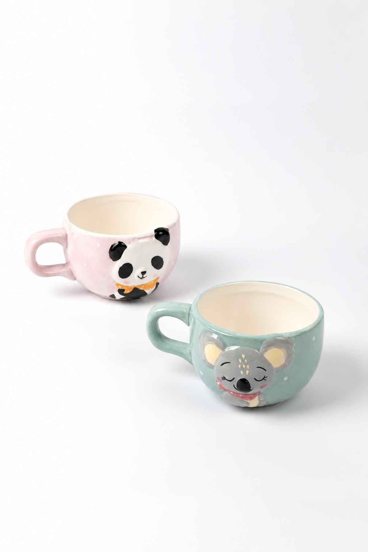 MiniZoo Sevimli Fil ve Panda Figürlü 2 Adet Porselen Kupa Seti
