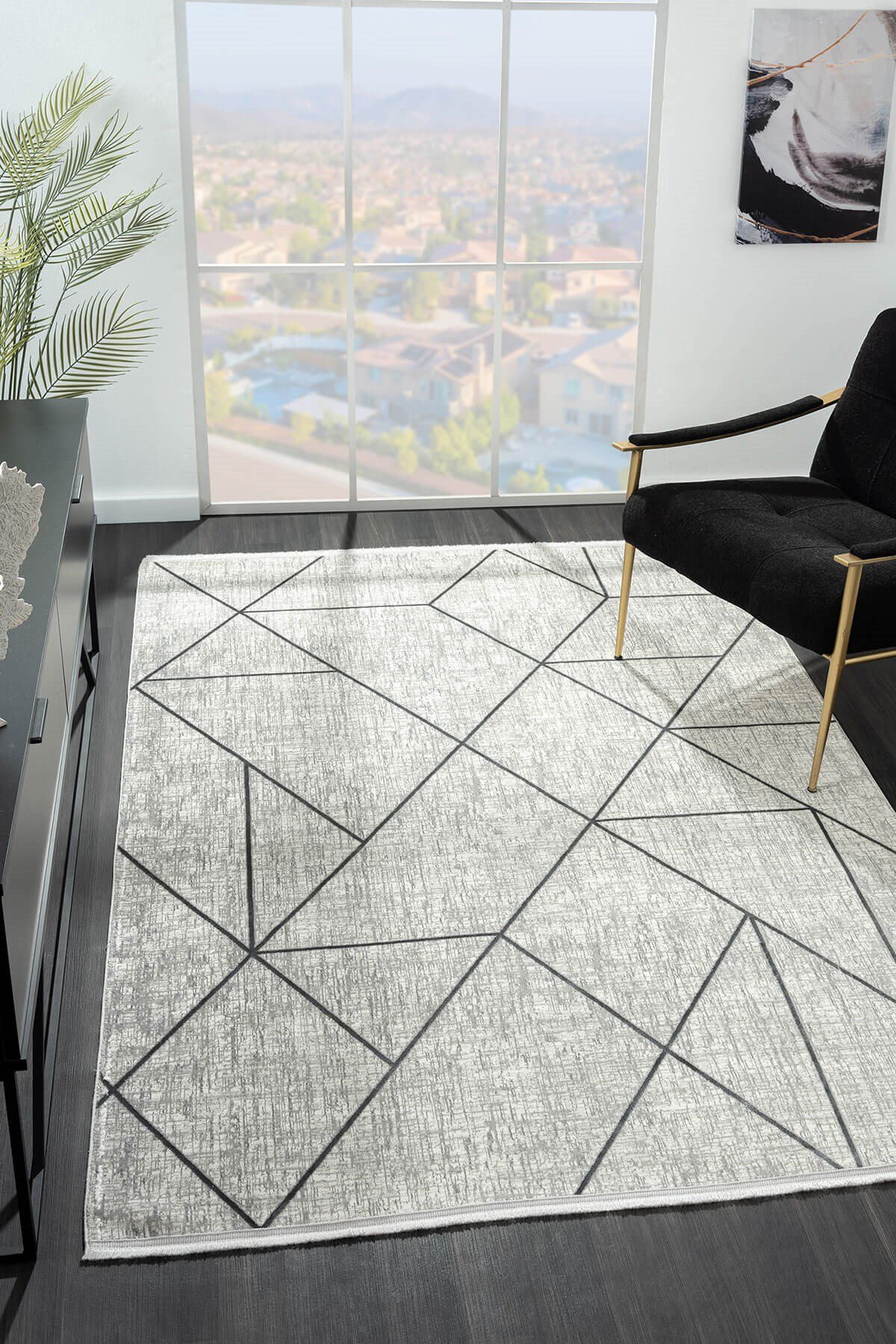 Nexus NX011A Gri Halı Geometrik Desen Pamuk Taban Salon Halısı Yatak Odası Koridor