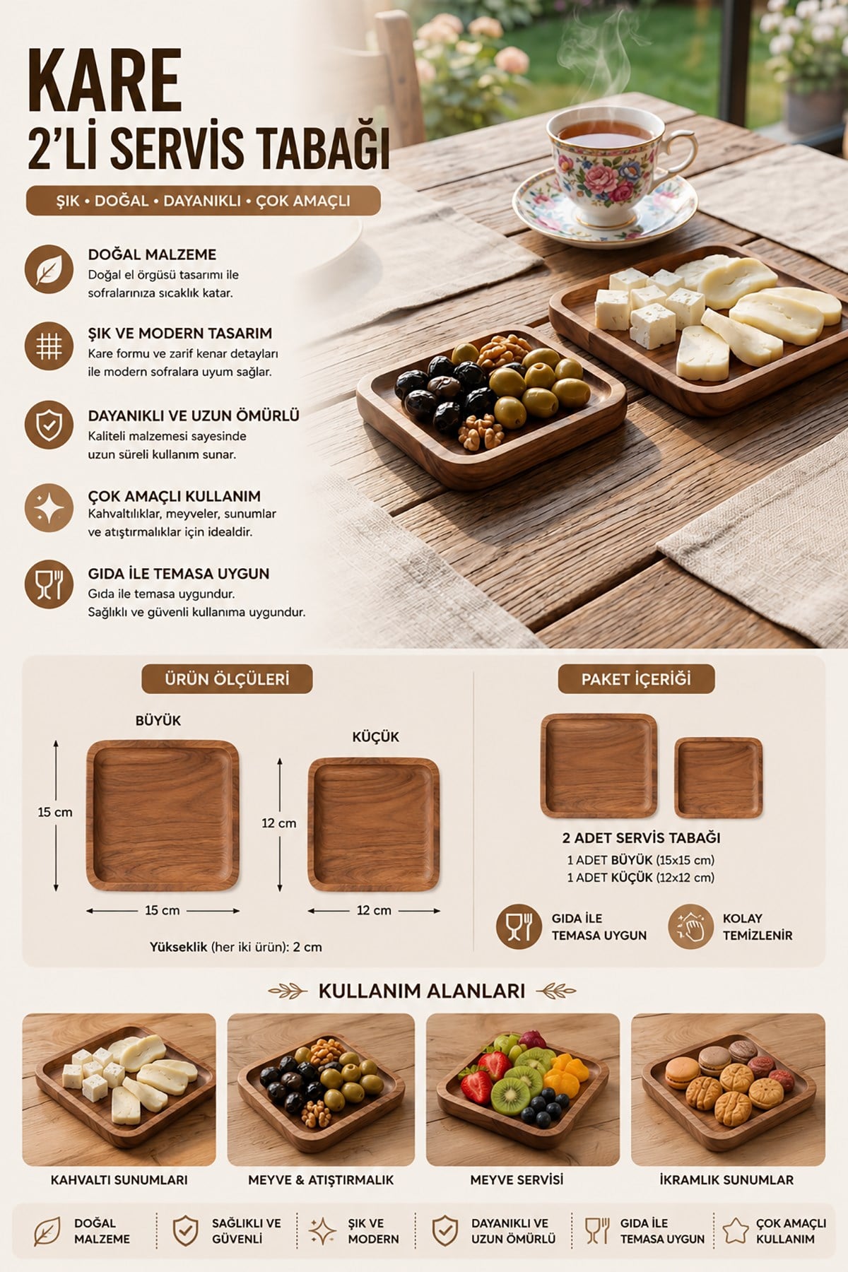 Quaro Kare 2 Adet Ahşap Servis Tabağı Sunum Tabağı Kahvaltılık Çerez İkramlık Set
