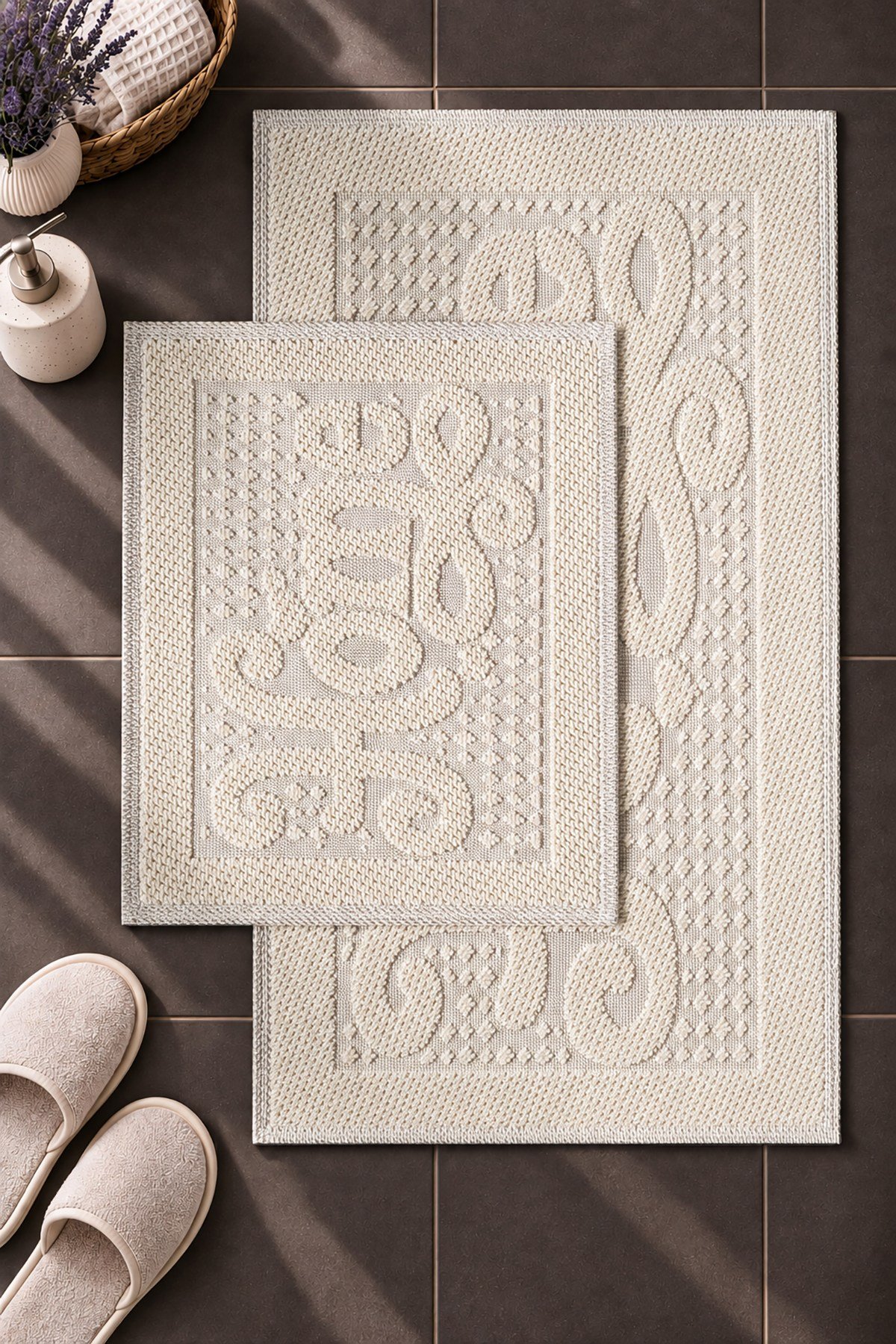 Sakura SK011A Doğal Pamuk 2'li Banyo Paspas Seti 60x100 60x50cm Kaymaz Taban Makinada Yıkanabilir