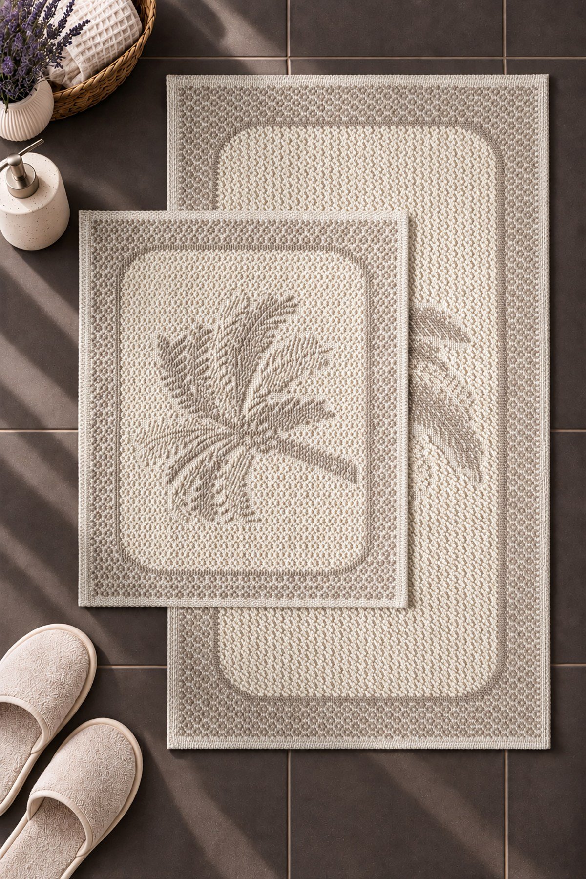 Sakura SK012A Doğal Pamuk 2'li Banyo Paspas Seti 60x100 60x50cm Kaymaz Taban Makinada Yıkanabilir