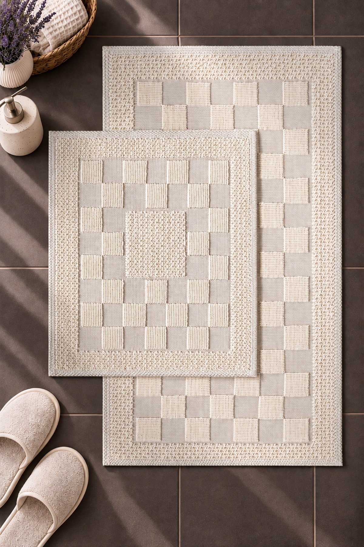 Sakura SK014A Doğal Pamuk 2'li Banyo Paspas Seti 60x100 60x50cm Kaymaz Taban Makinada Yıkanabilir