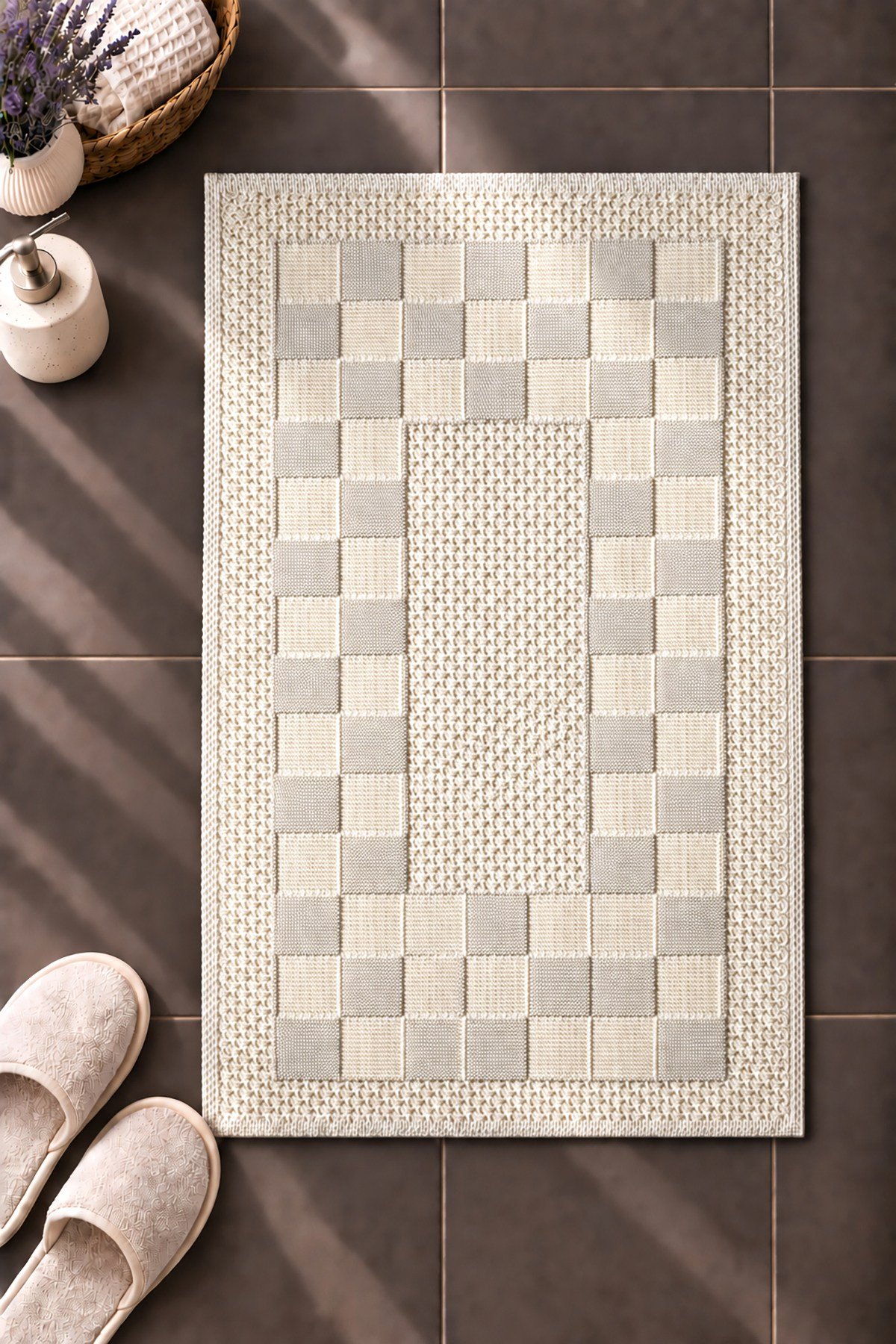 Sakura SK014A Doğal Pamuk 2'li Banyo Paspas Seti 60x100 60x50cm Kaymaz Taban Makinada Yıkanabilir