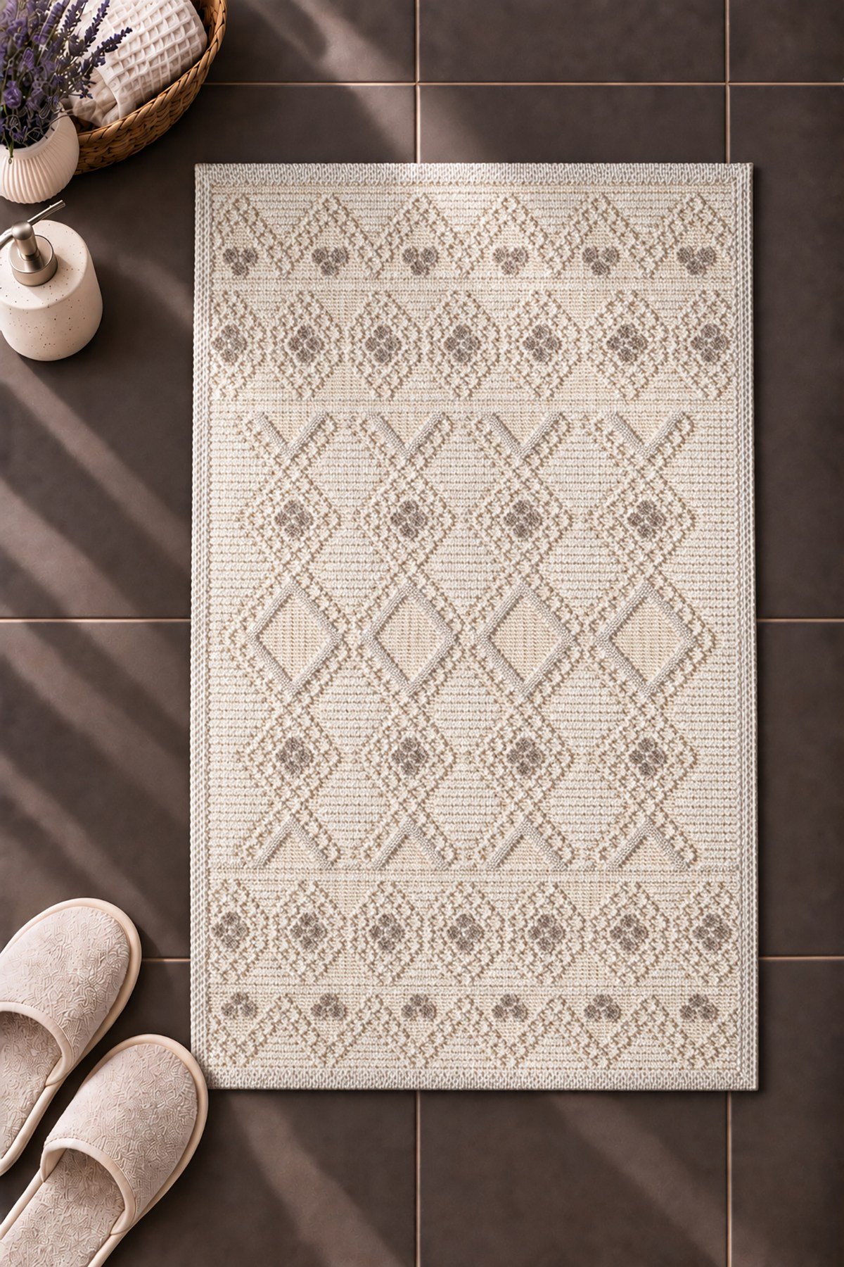 Sakura SK018A Doğal Pamuk 2'li Banyo Paspas Seti 60x100 60x50cm Kaymaz Taban Makinada Yıkanabilir
