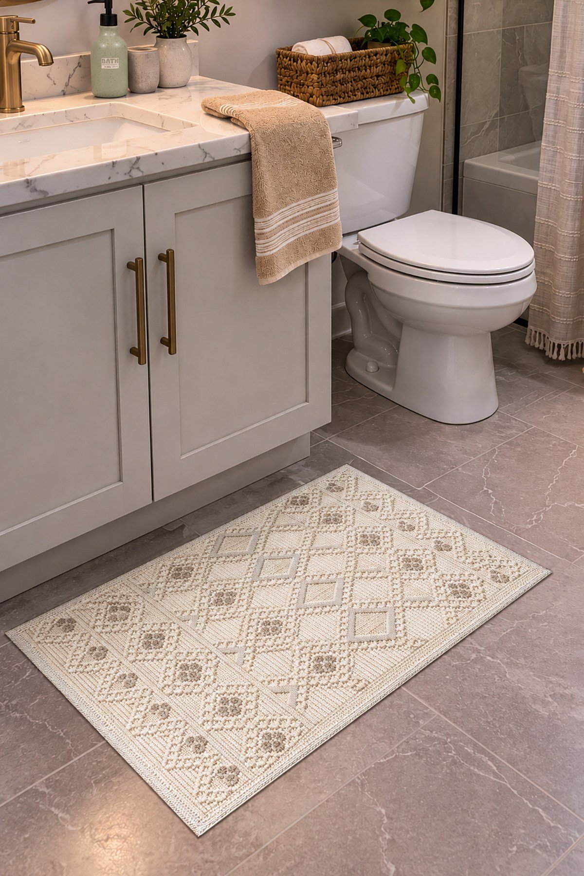 Sakura SK018A Doğal Pamuk 2'li Banyo Paspas Seti 60x100 60x50cm Kaymaz Taban Makinada Yıkanabilir
