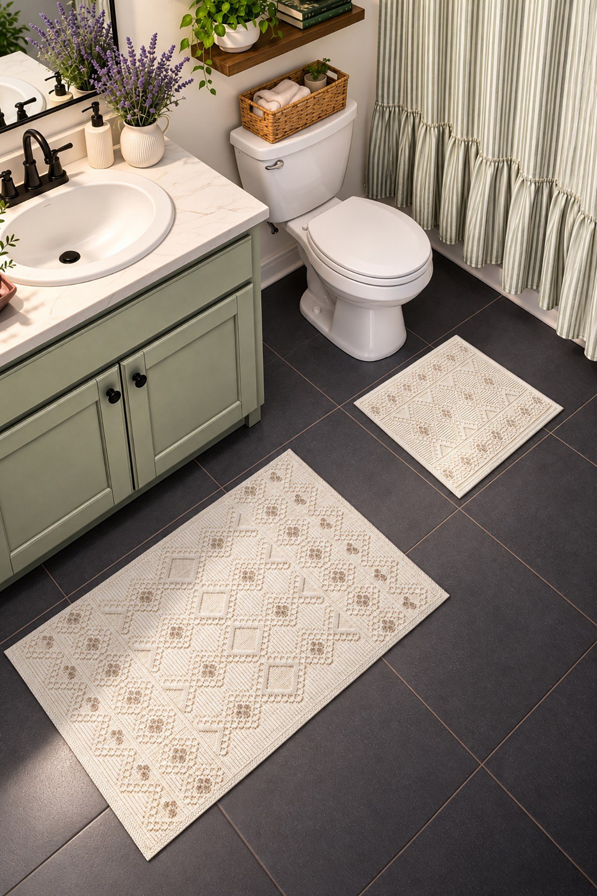 Sakura SK018A Doğal Pamuk 2'li Banyo Paspas Seti 60x100 60x50cm Kaymaz Taban Makinada Yıkanabilir
