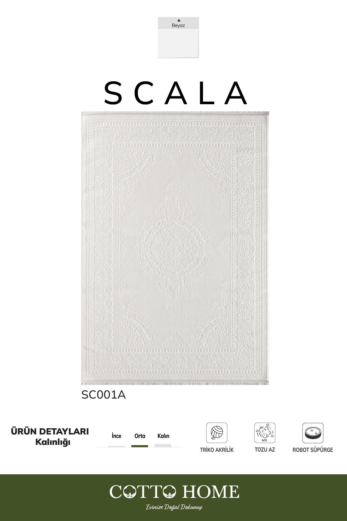 Scala SC001A Beyaz Halı Klasik Desenli Tozu Az Akrilik Pamuk Taban