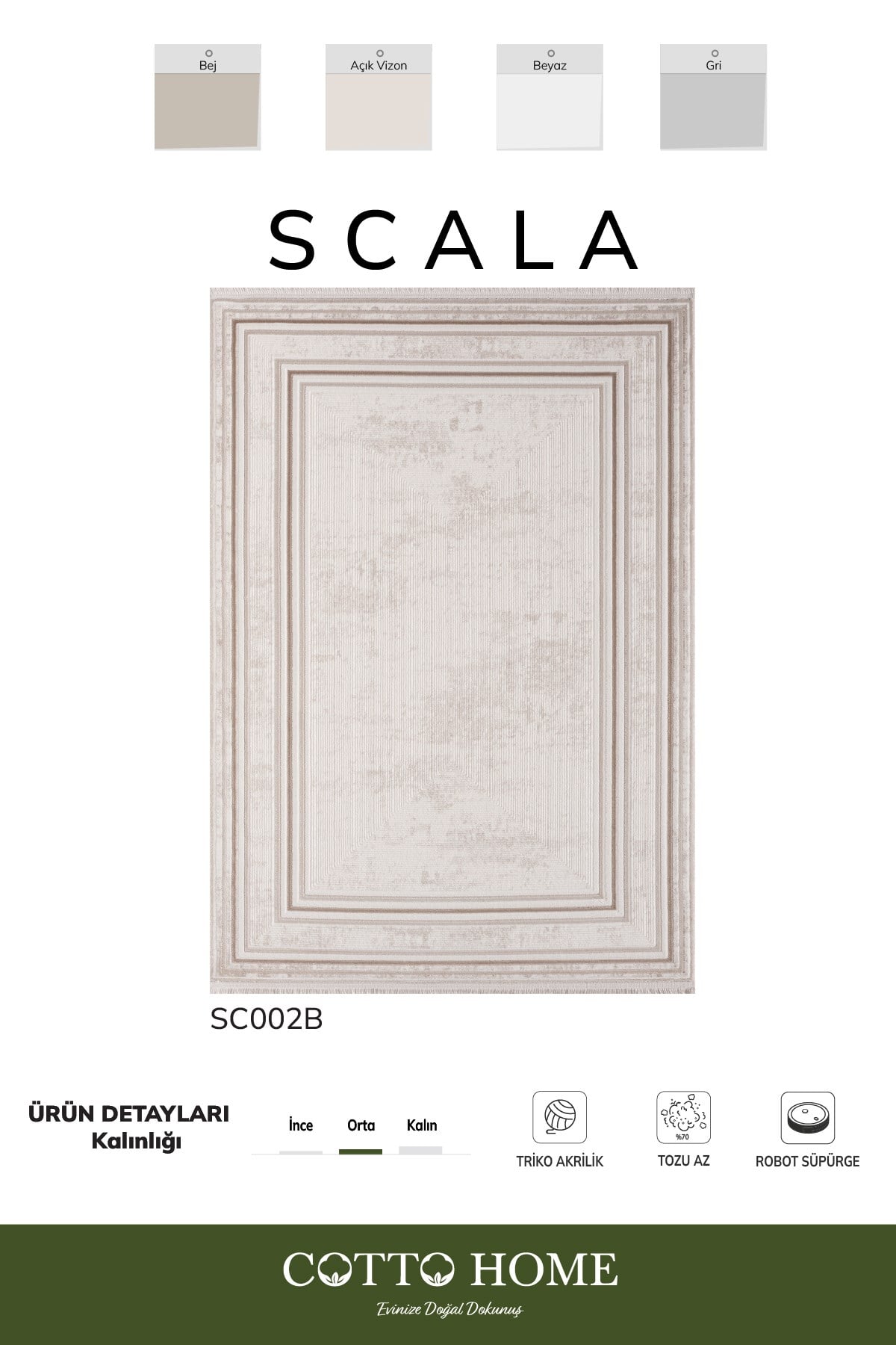 Scala SC002B Bej Halı Modern Desenli Tozu Az Akrilik Salon Halısı