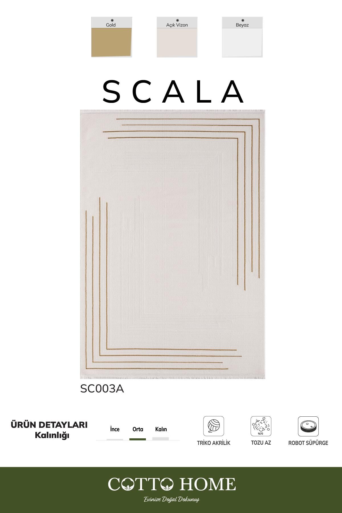 Scala SC003A Beyaz Halı Modern Desenli Tozu Az Akrilik Pamuk Taban