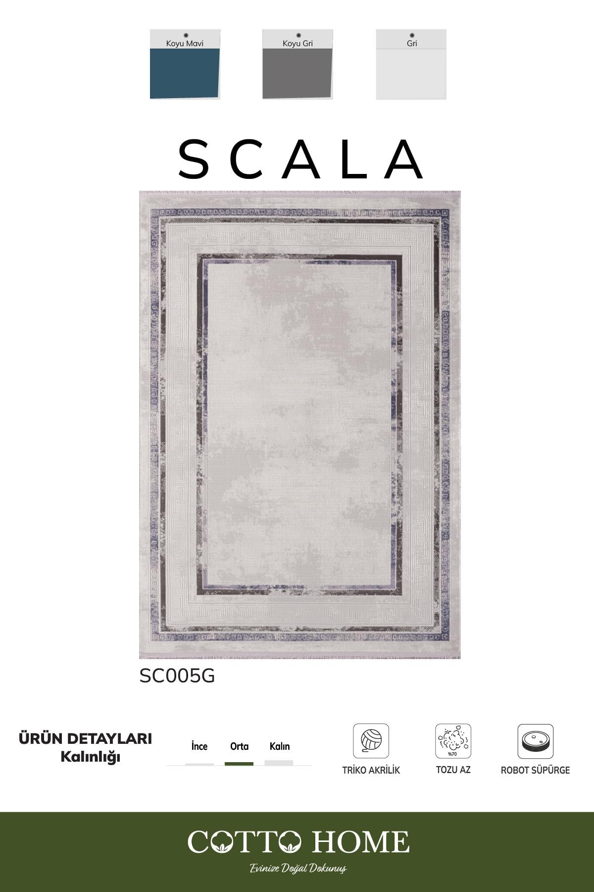 Scala SC005G Gri Halı Modern Desenli Tozu Az Akrilik Pamuk Taban