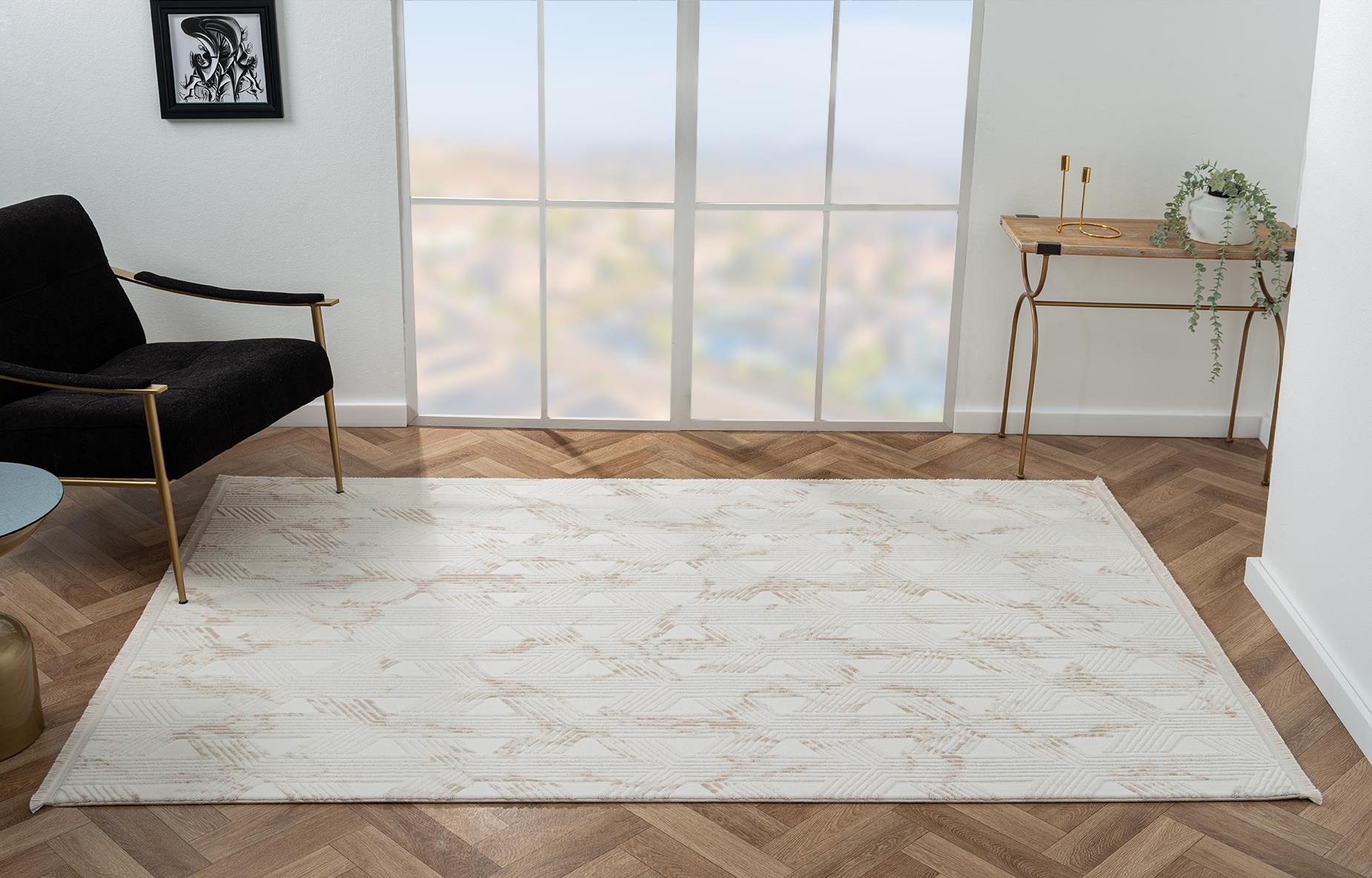 Scala SC012A Beyaz Halı Modern Desenli Tozu Az Akrilik Pamuk Taban