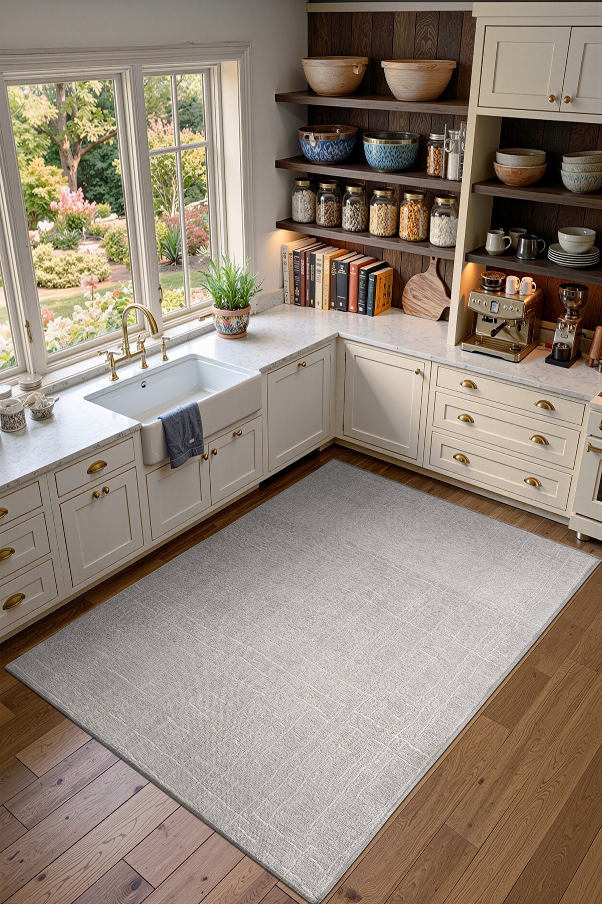Seria SRA01G Gri Dekoratif Şönil Kilim Çizgili Desen Yıkanabilir Yumuşak Kaymaz Taban Halı Yolluk