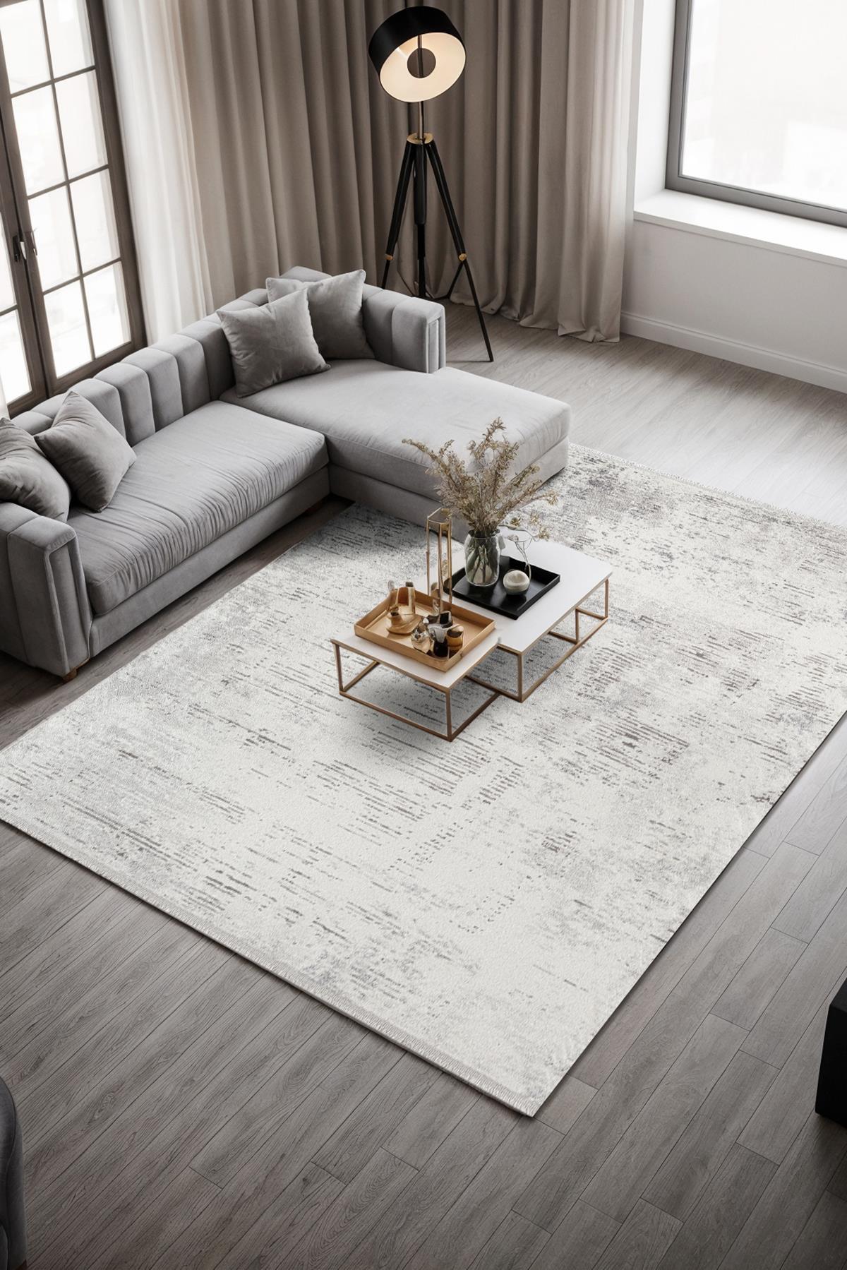 Soıl CT009A Açık Gri Halı Gri Detaylı Modern Ince Akrilik Tozuaz Salon Halısı Yatak Odası Koridor