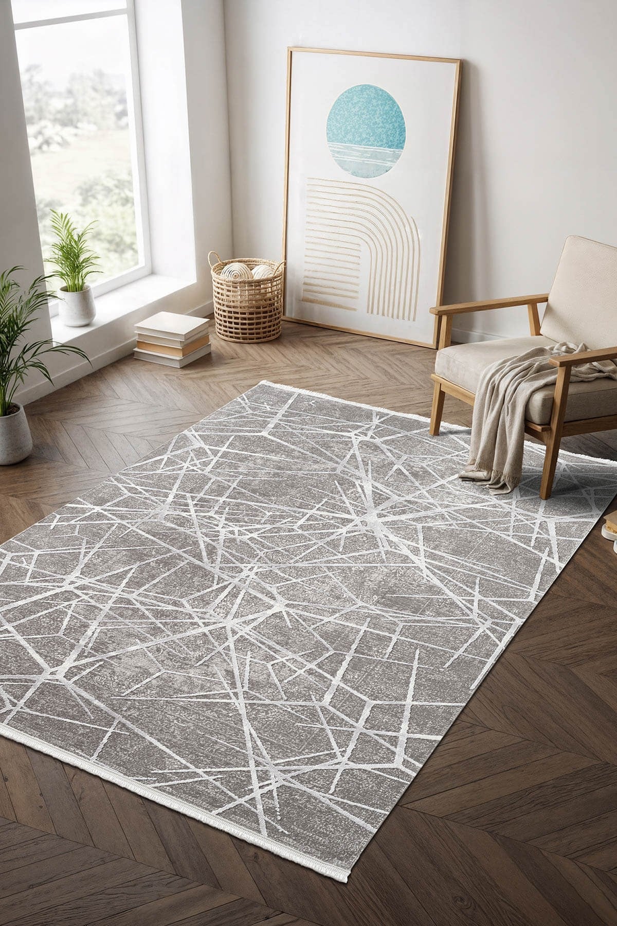 Step SE001G Gri Halı Modern Dekoratif Beyaz Çizgili Pamuk Taban