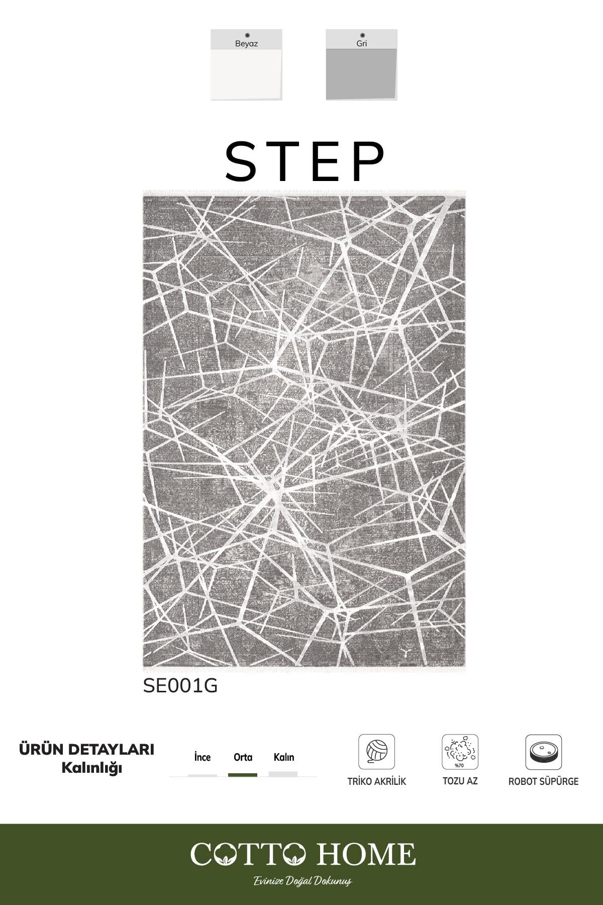 Step SE001G Gri Halı Modern Dekoratif Beyaz Çizgili Pamuk Taban