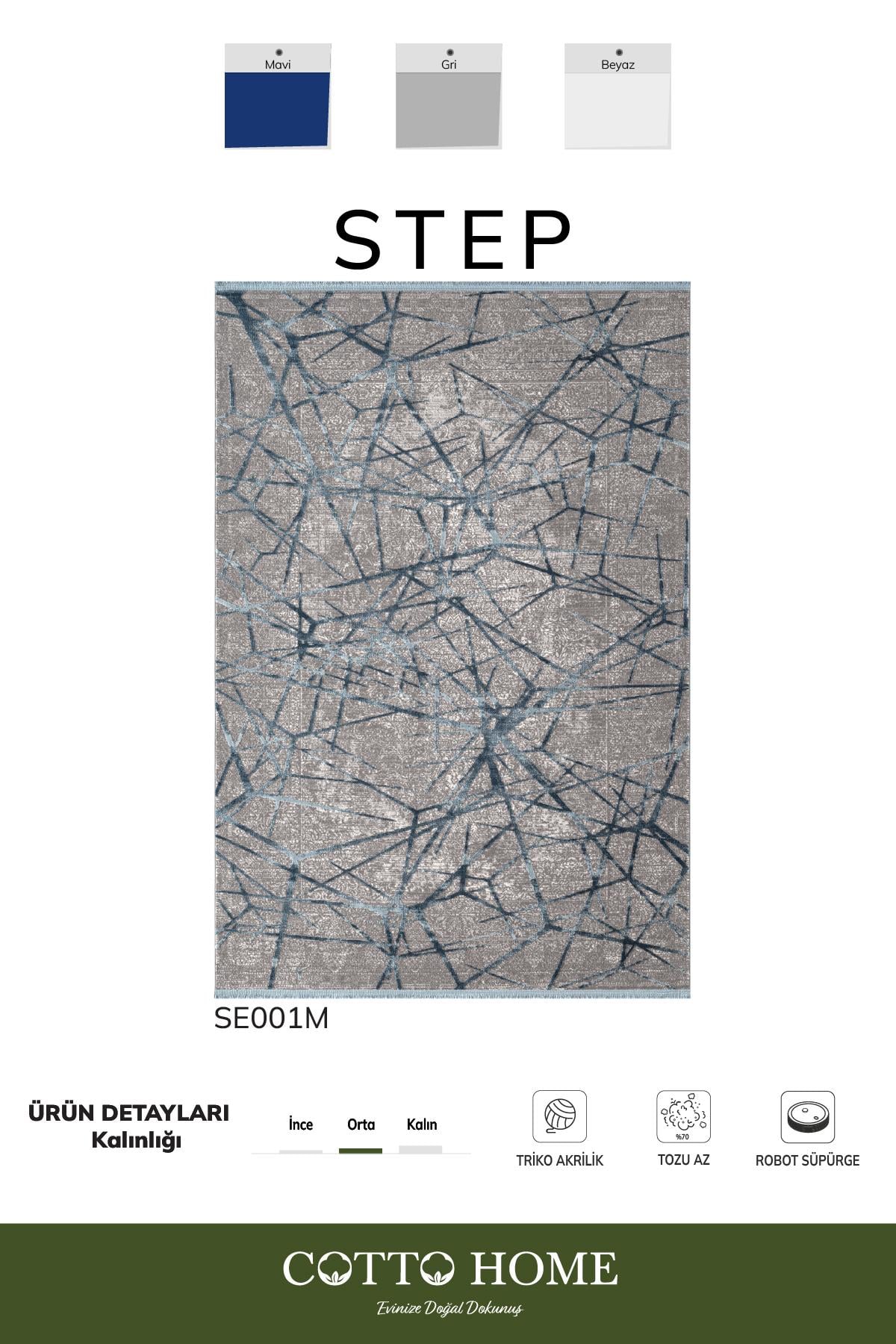 Step SE001M Gri Halı Modern Dekoratif Mavı Çizgili Pamuk Taban