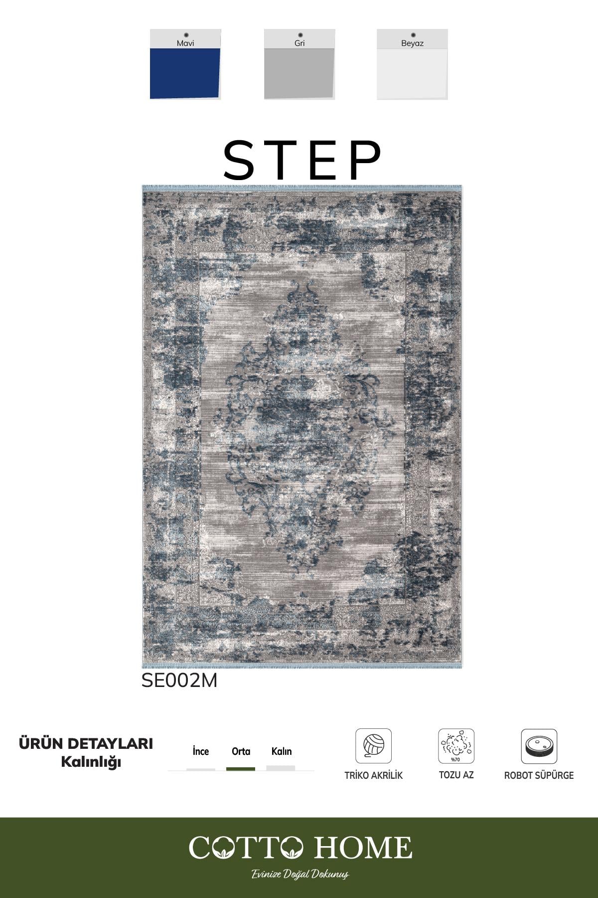 Step SE002M Mavı Kalsik Halı Dekoratif Çerçeveli Pamuk Taban