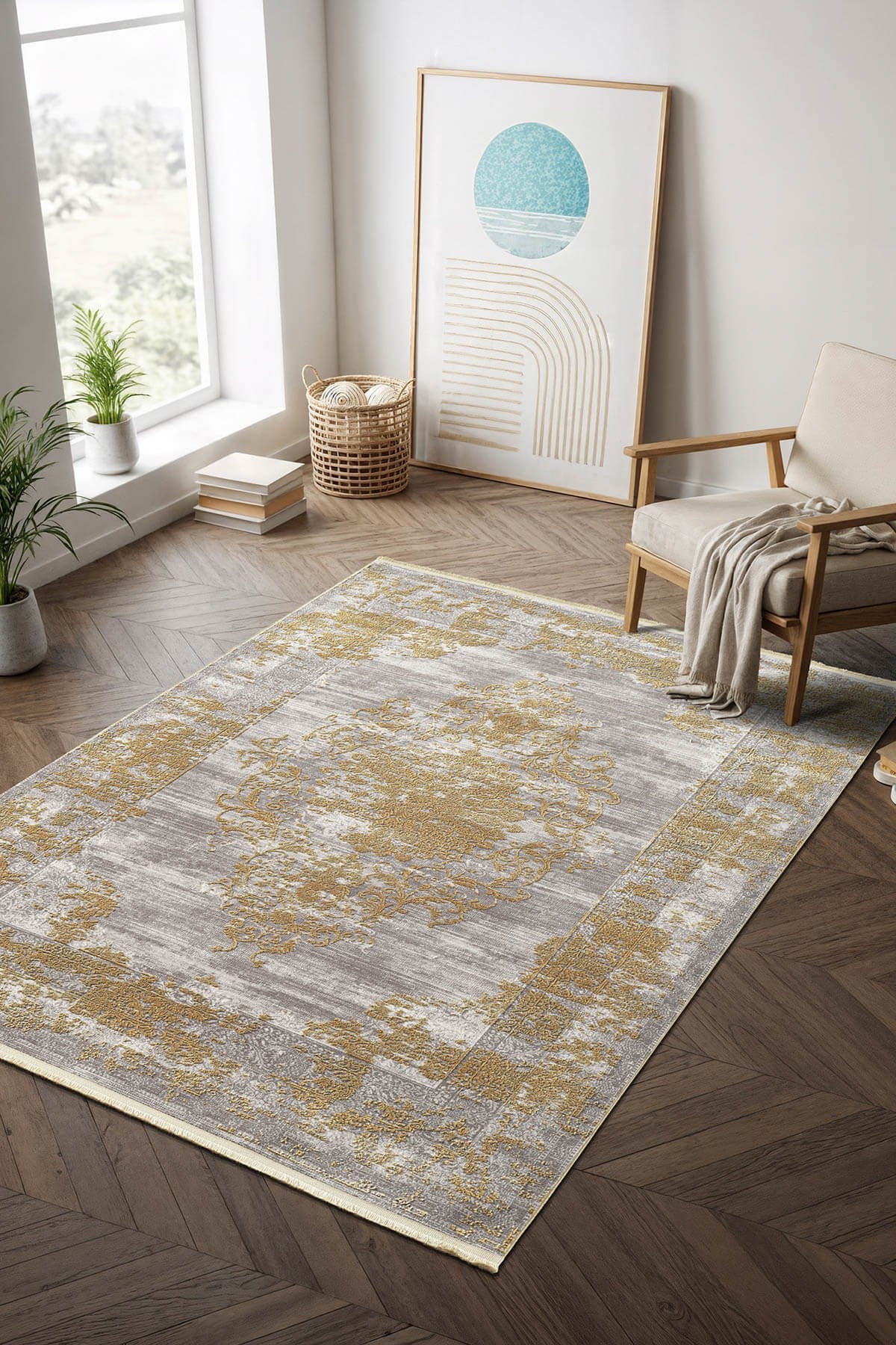 Step SE002S Gold Renk Kalsik Halı Dekoratif Çerçeveli Pamuk Taban