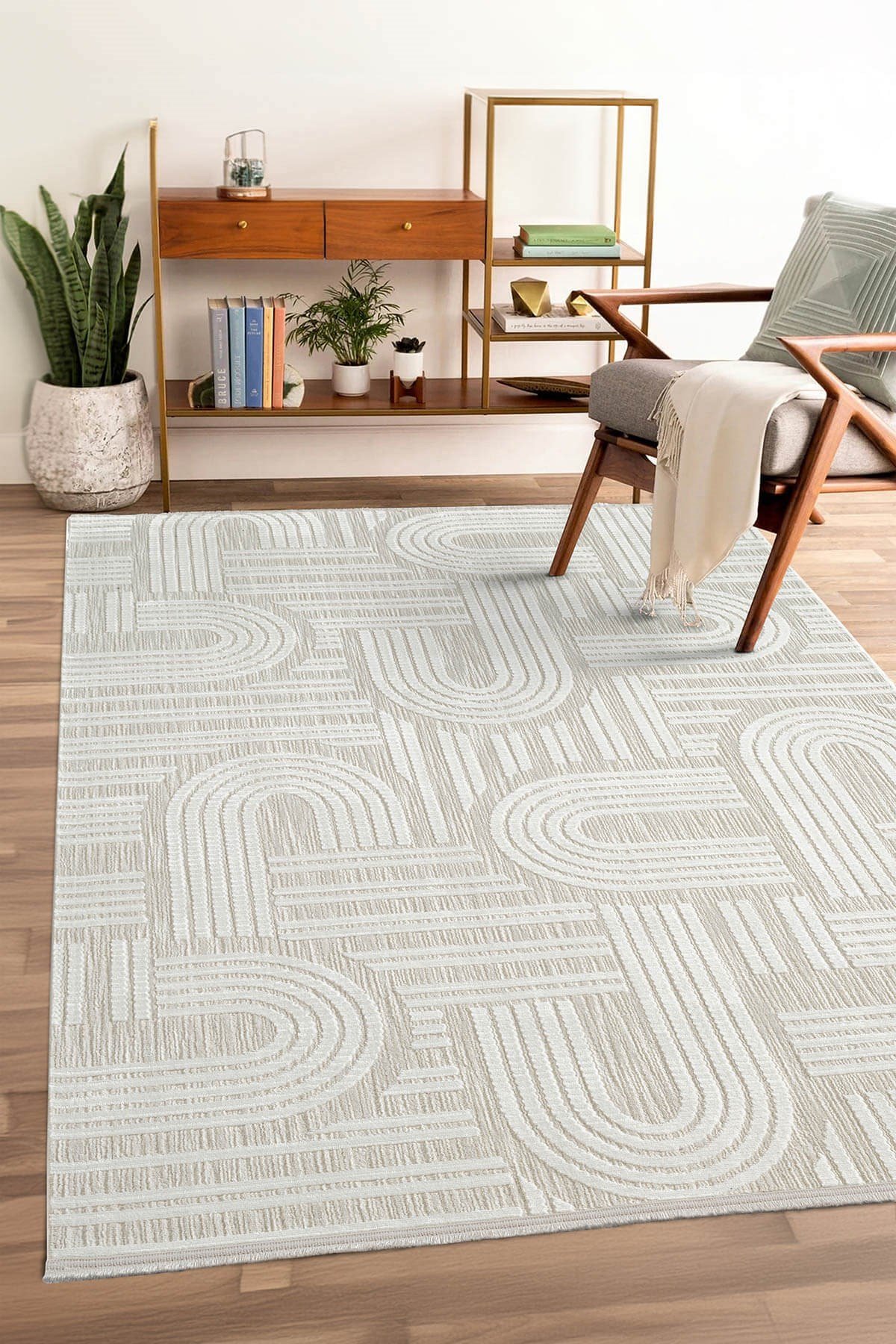 Tablo TL005A Krem Halı Geometrik Desen Pamuk Taban Yıkanabilir Salon Halısı Yatak Odası