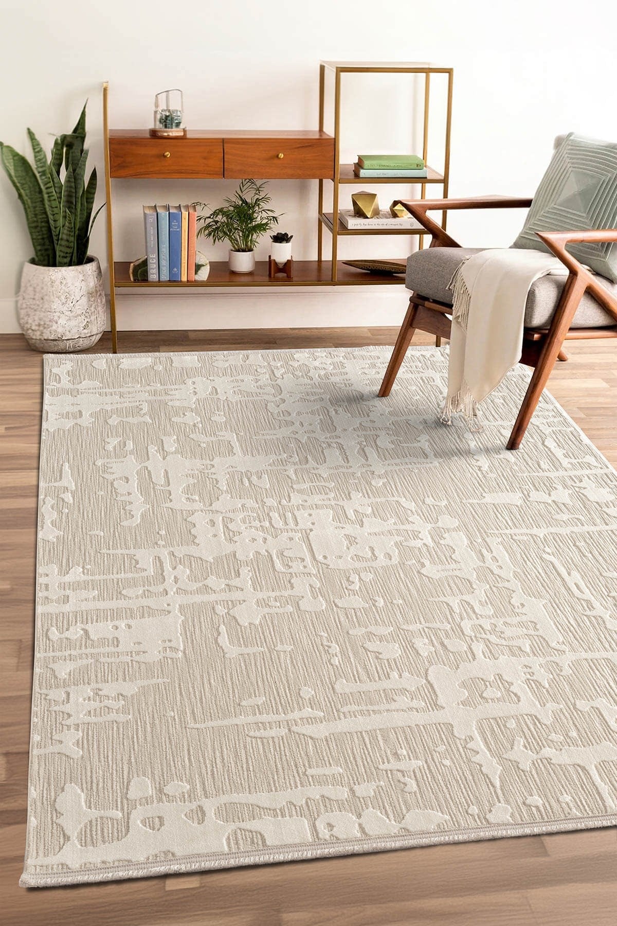Tablo TL011A Beyaz Halı Geometrik Desen Pamuk Taban Yıkanabilir Salon Halısı Yatak Odası