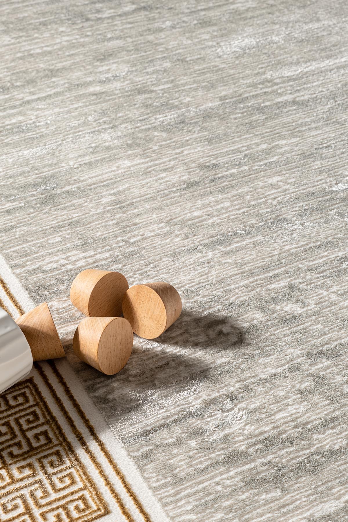 Talis CT017A Gri Halı Gold Kenar Çerçeveli Modern Parlak Yumuşak Kadife Salon Mutfak Halısı