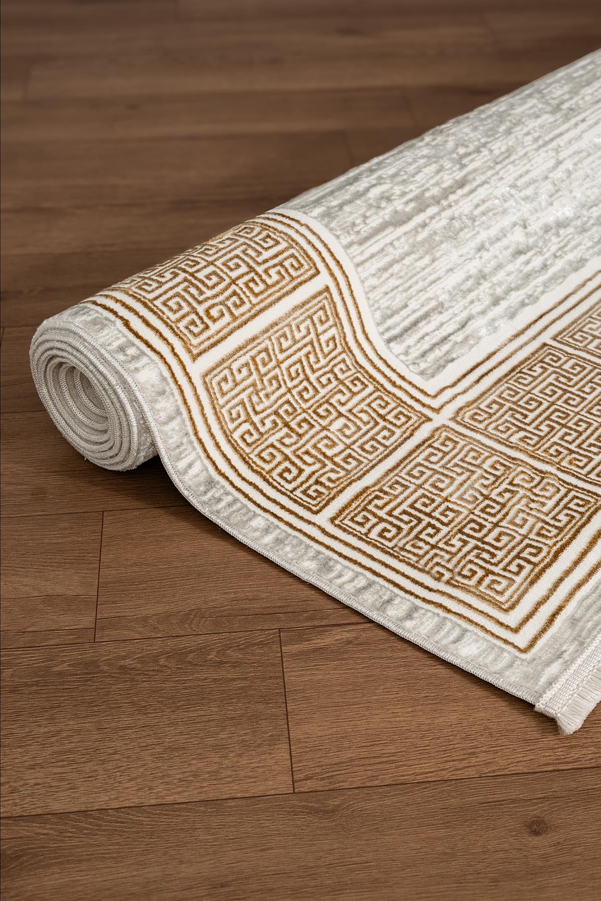 Talis CT017A Gri Halı Gold Kenar Çerçeveli Modern Parlak Yumuşak Kadife Salon Mutfak Halısı