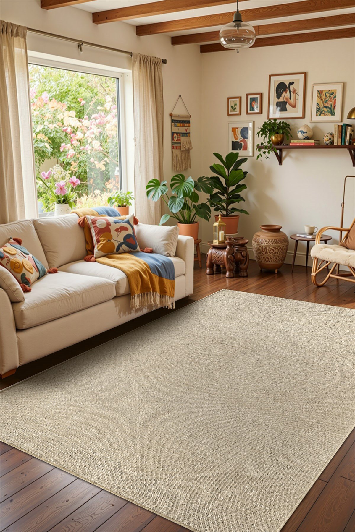 Valerıa VLR01B Bej Dekoratif Şönil Kilim Modern Desen Yıkanabilir Yumuşak Kaymaz Taban Halı Yolluk