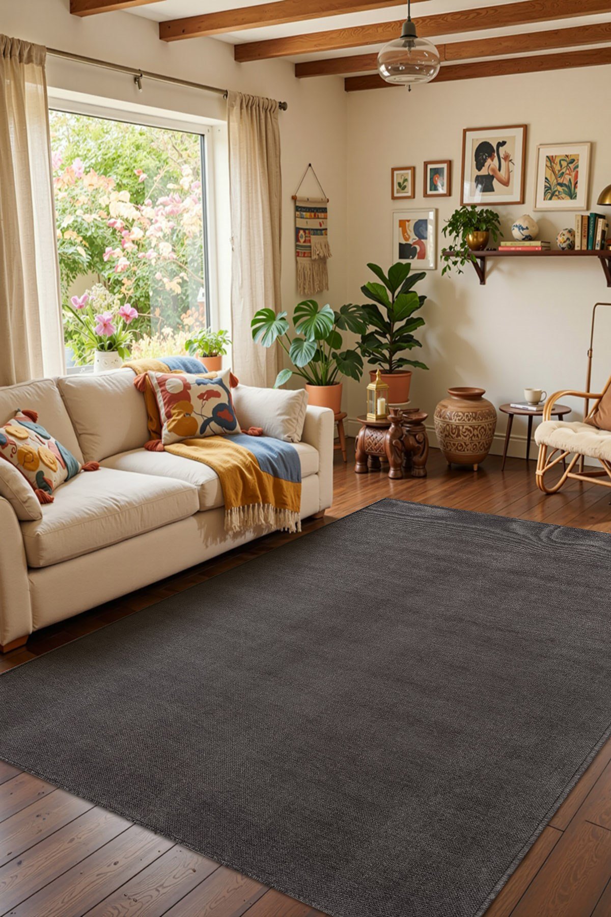 Valerıa VLR01Z Antrasit Dekoratif Şönil Kilim Modern Desen Yıkanabilir Yumuşak Kaymaz Taban Halı