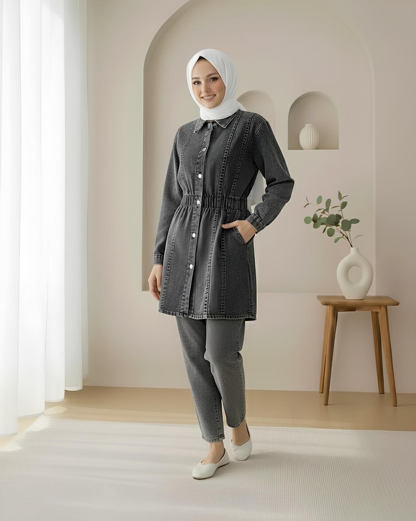  Beli Lastikli Boydan Düğmeli Ceket Pantolon Kot Takım