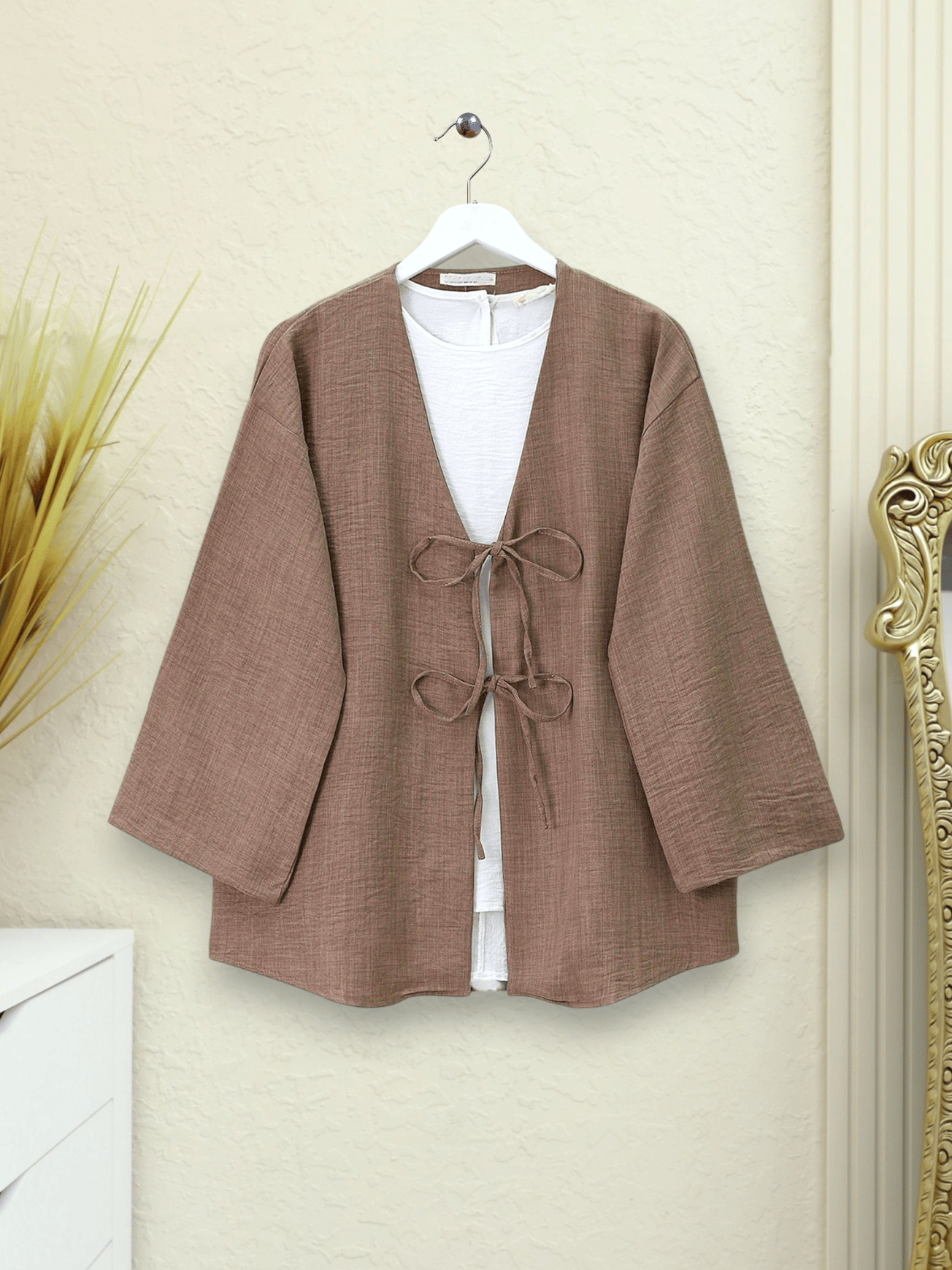  Önü Bağcıklı Keten Kimono