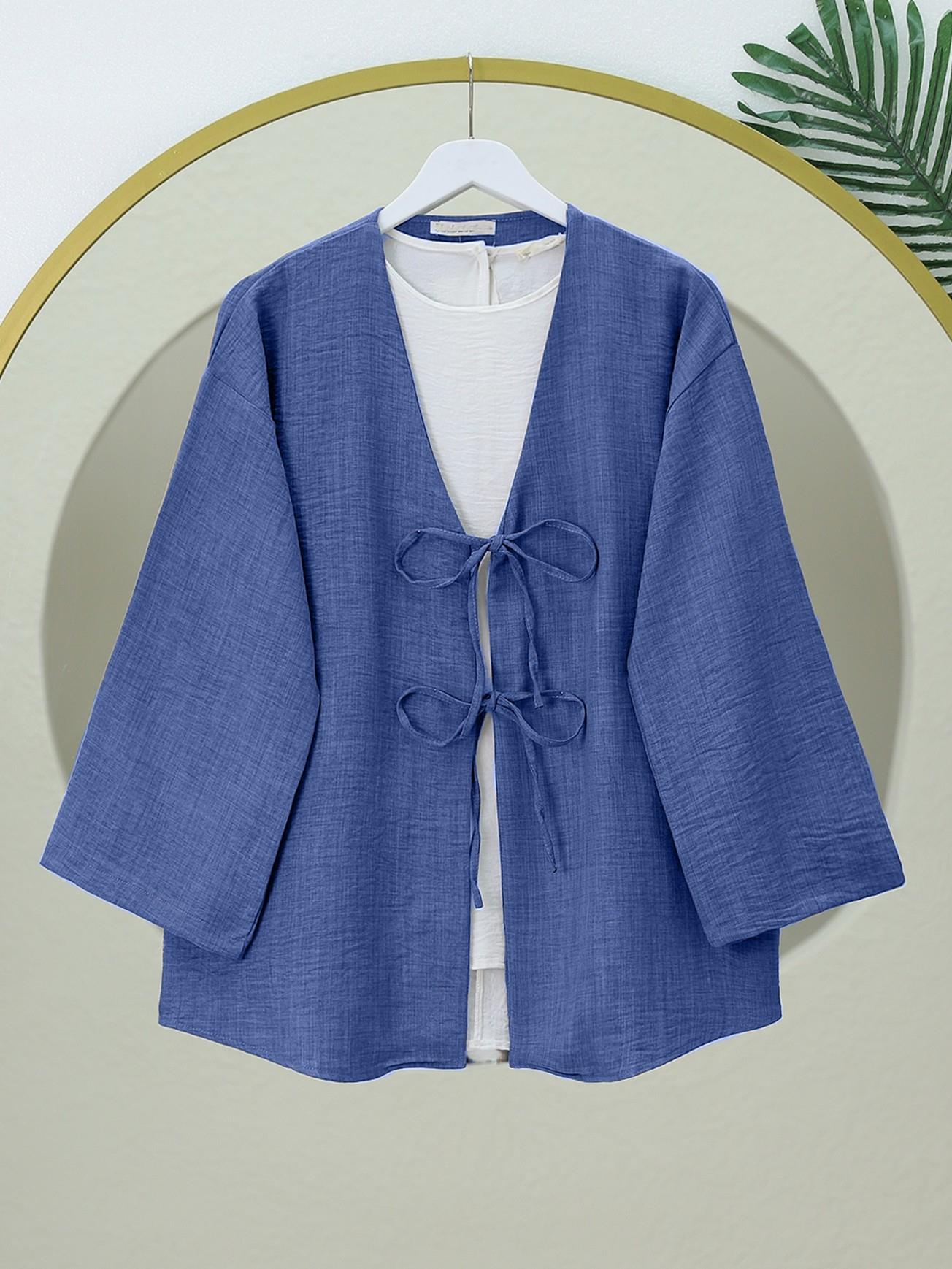  Önü Bağcıklı Keten Kimono