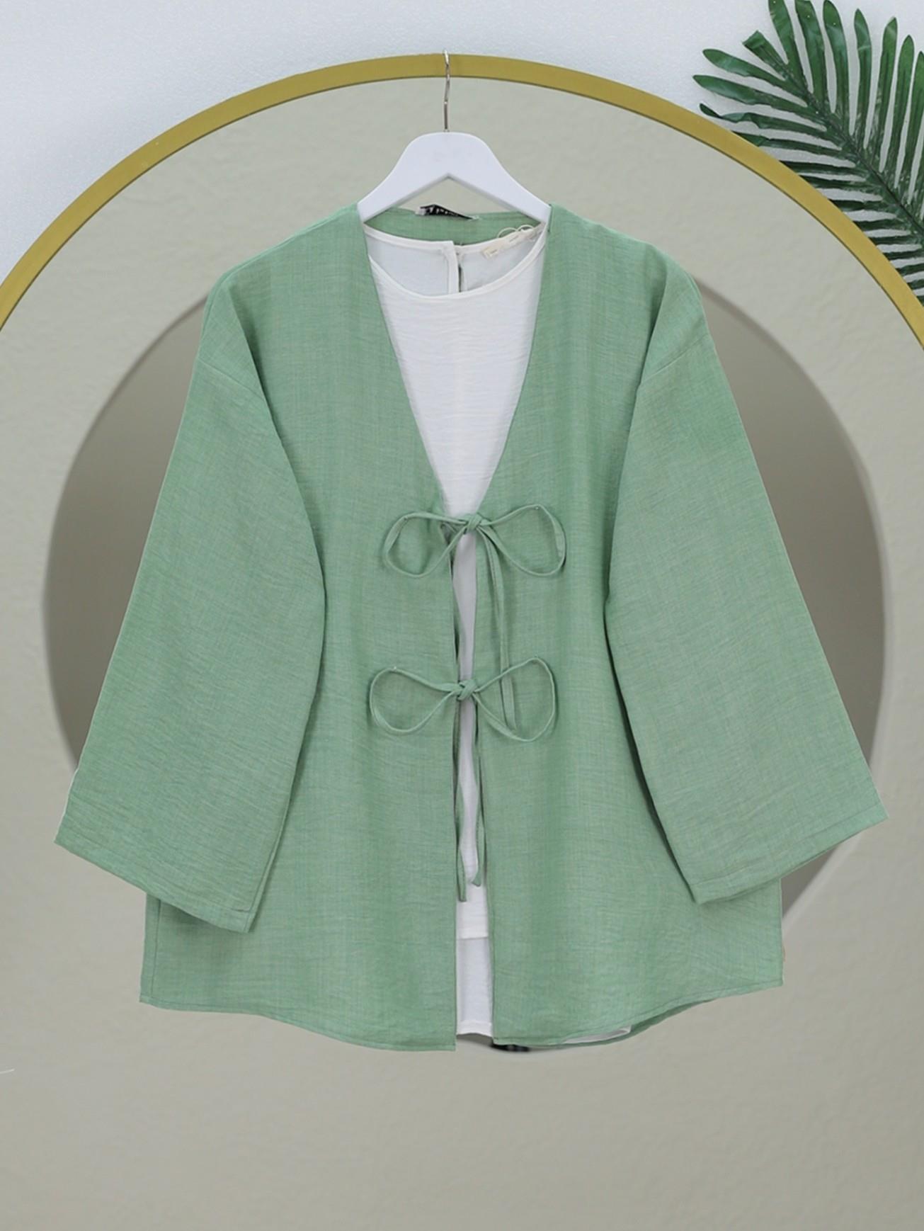  Önü Bağcıklı Keten Kimono