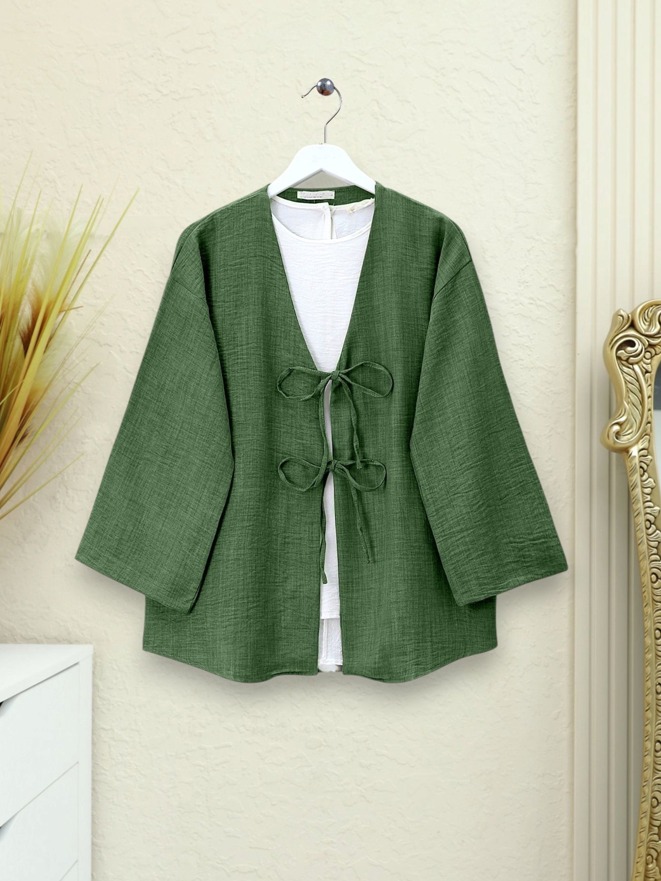  Önü Bağcıklı Keten Kimono