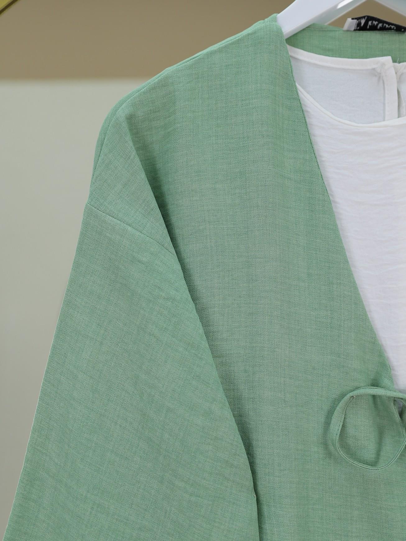  Önü Bağcıklı Keten Kimono