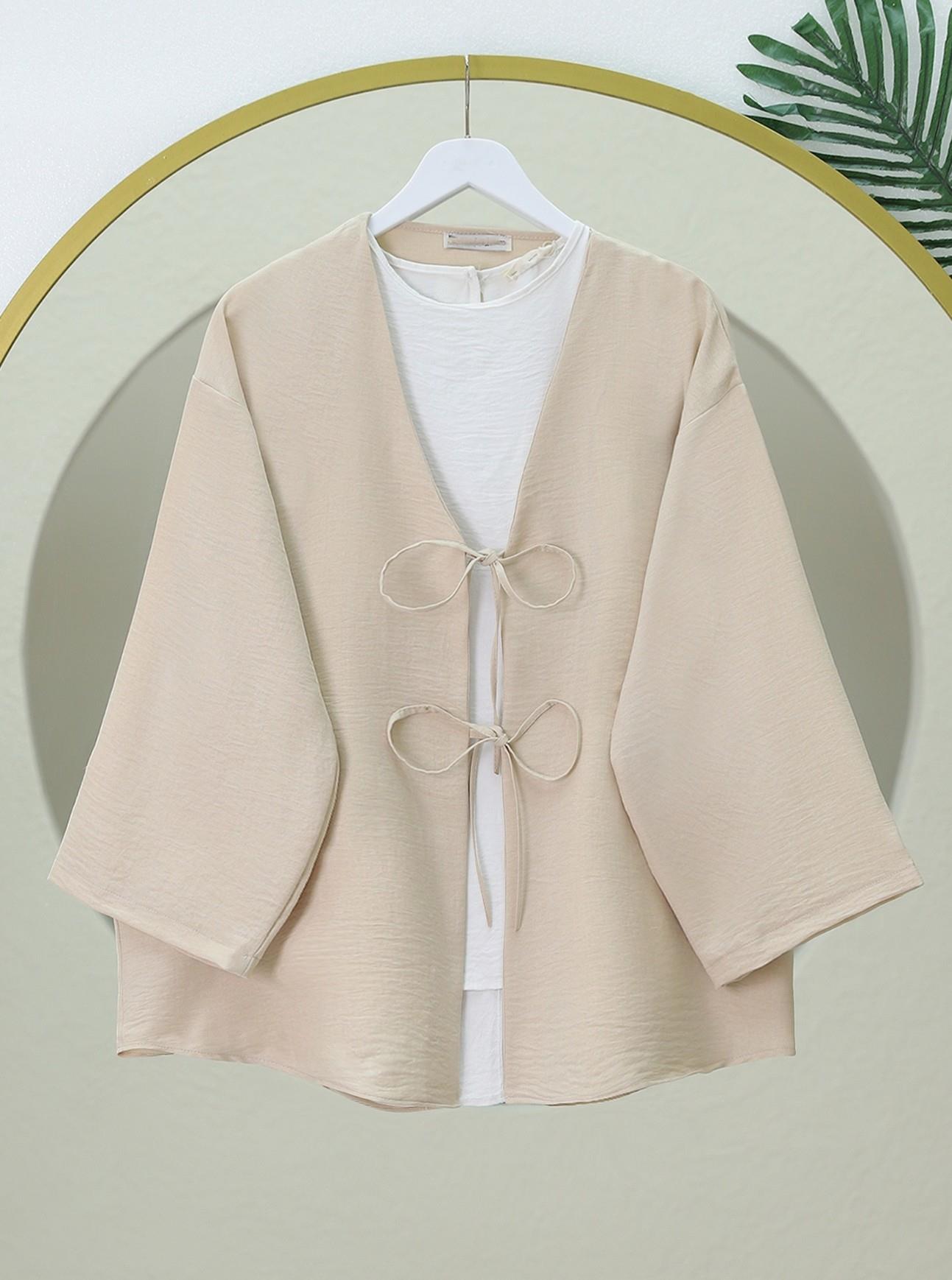  Önü Bağcıklı Keten Kimono