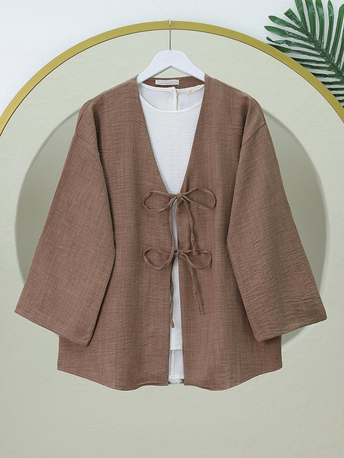  Önü Bağcıklı Keten Kimono