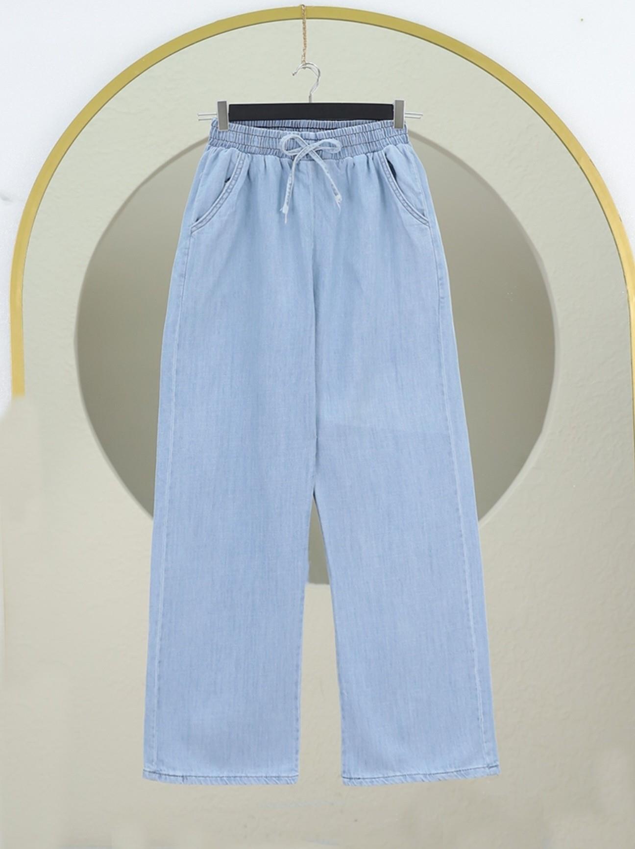 Beli Lastikli Cepli Bol Paça Kot Pantolon-Buz Mavi 