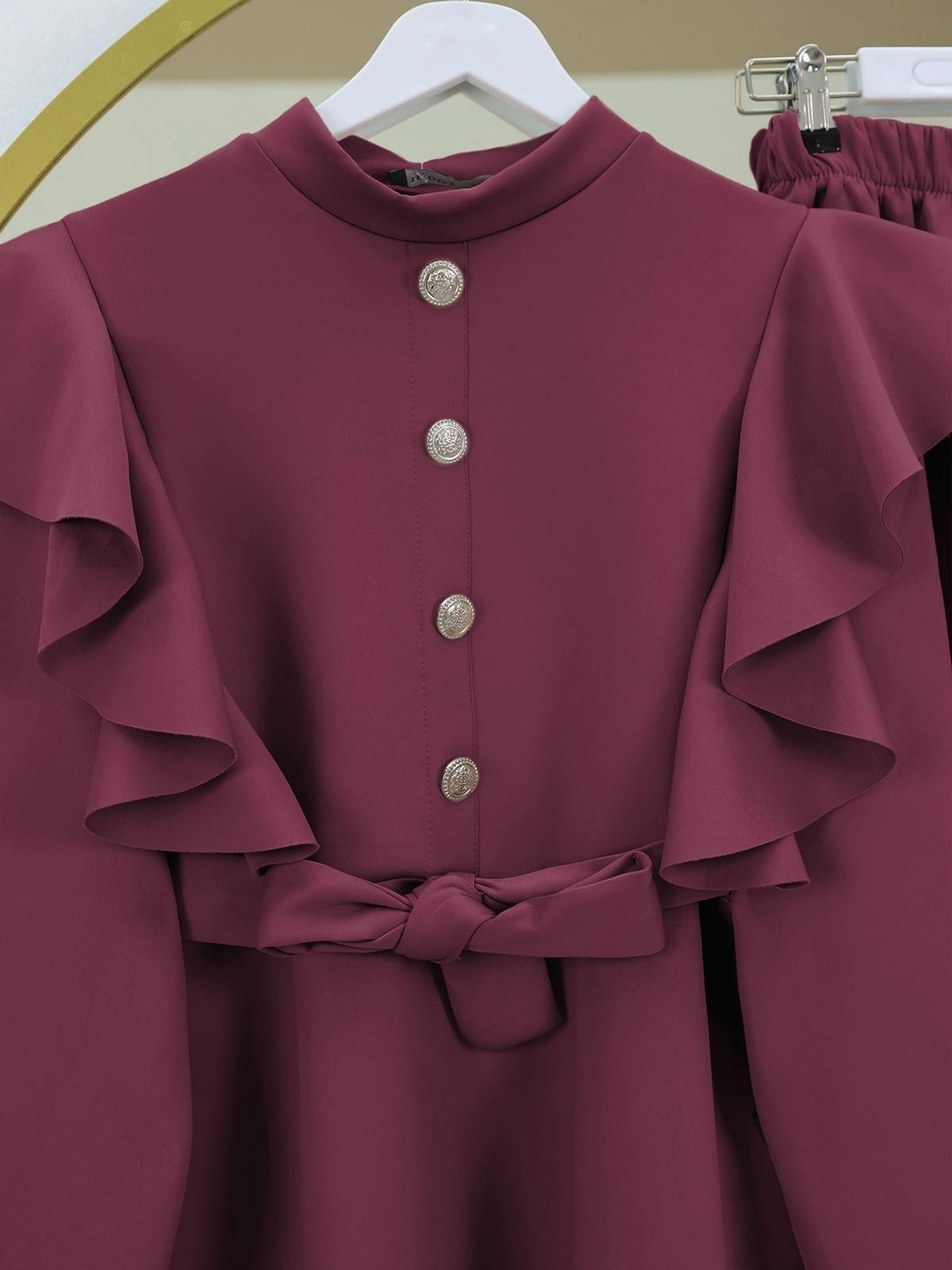 Düğme Detaylı Dik Yaka Omuzu Fırfırlı Scuba Takım