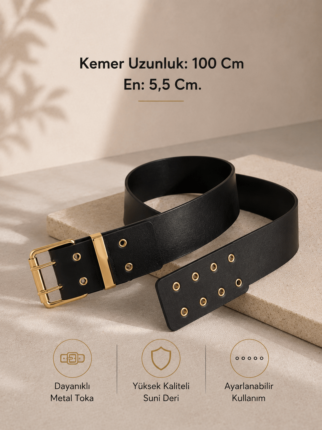 Kadın Kare Tokalı Çift Dilli Deri Kadın Kemer- Siyah