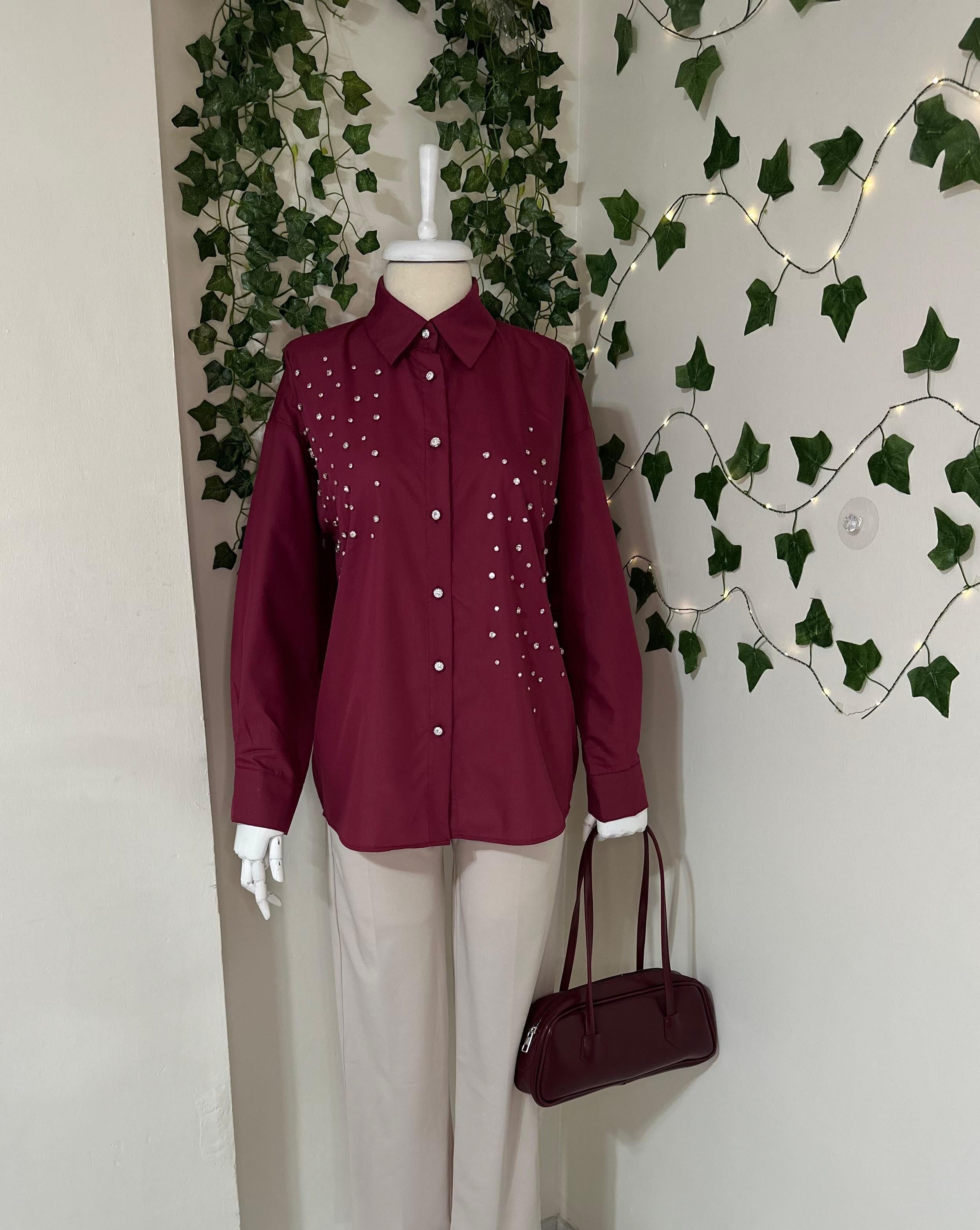 Kristal Taş Çakımlı Poplin Gömlek-Bordo